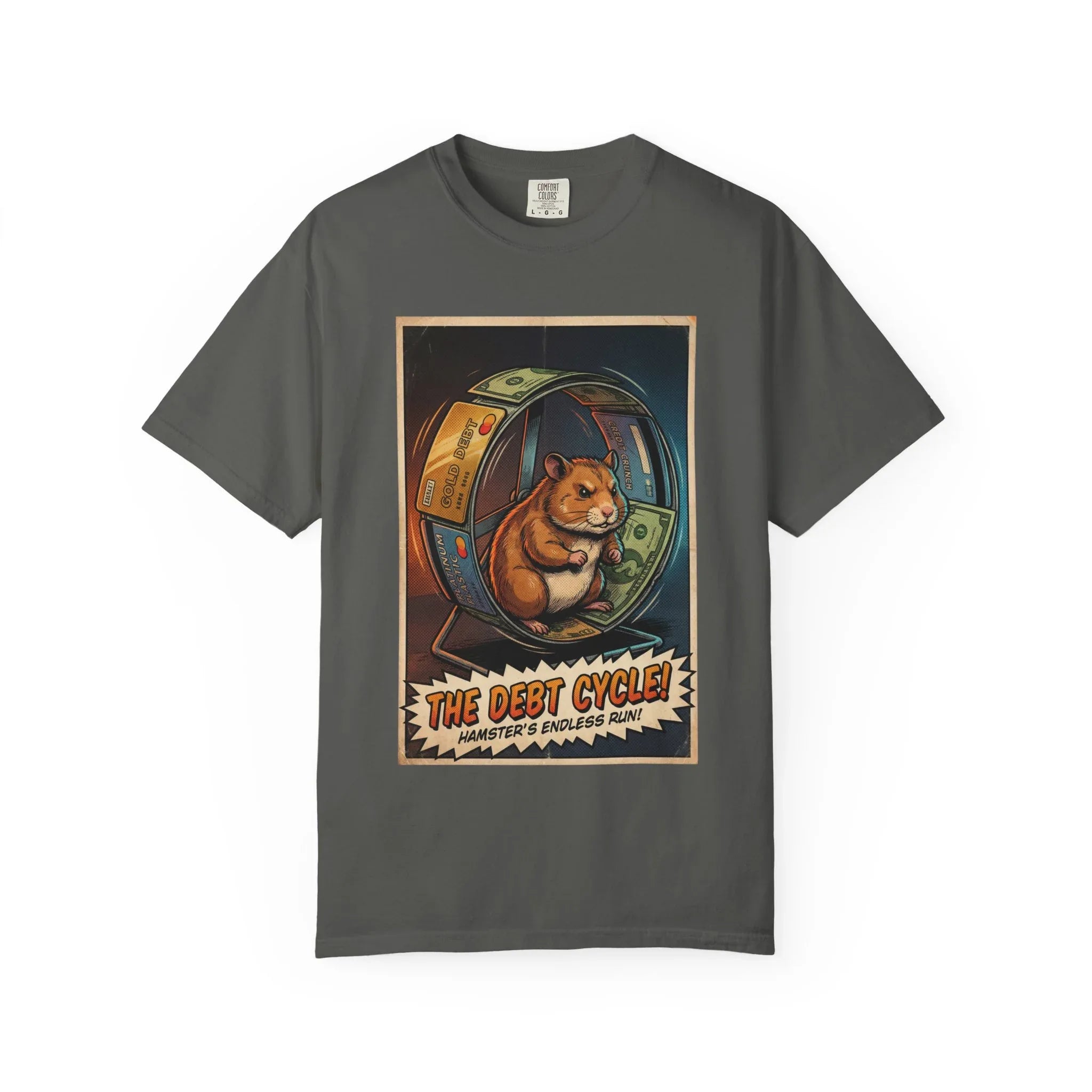 Funny Debt Cycle Hamster Shirt - Retro Comic Satire T-Shirt - Financial Humor Graphic Tee - Vintage Credit Crunch Money Art - Sarcastic Credit Card Debt Gift Pepper