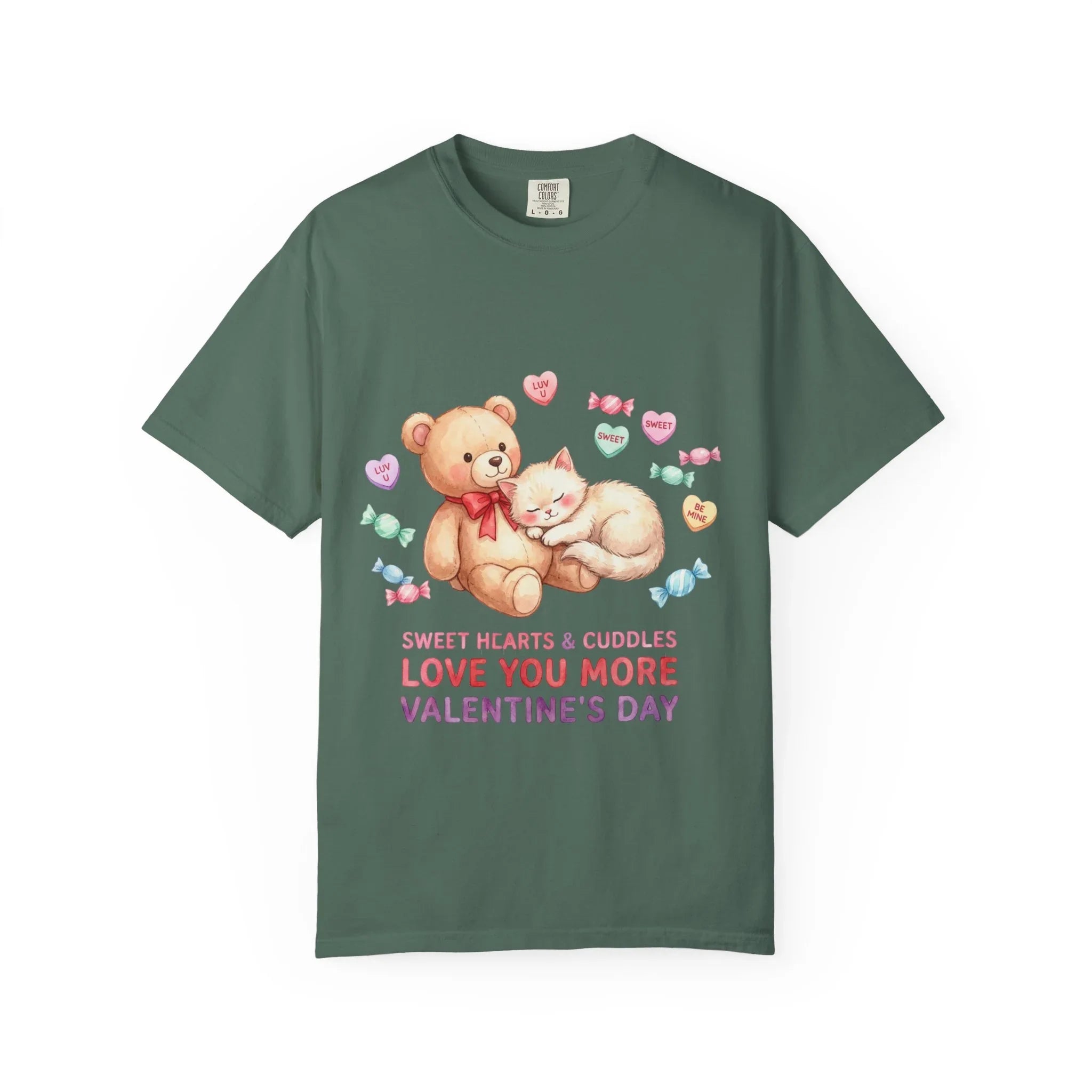 Cute Bear and Kitten Valentine T-shirt | Vintage Soft Love Tee | Couple Gift | Aesthetic Comfort Shirt | Retro Candy Heart Design Blue Spruce