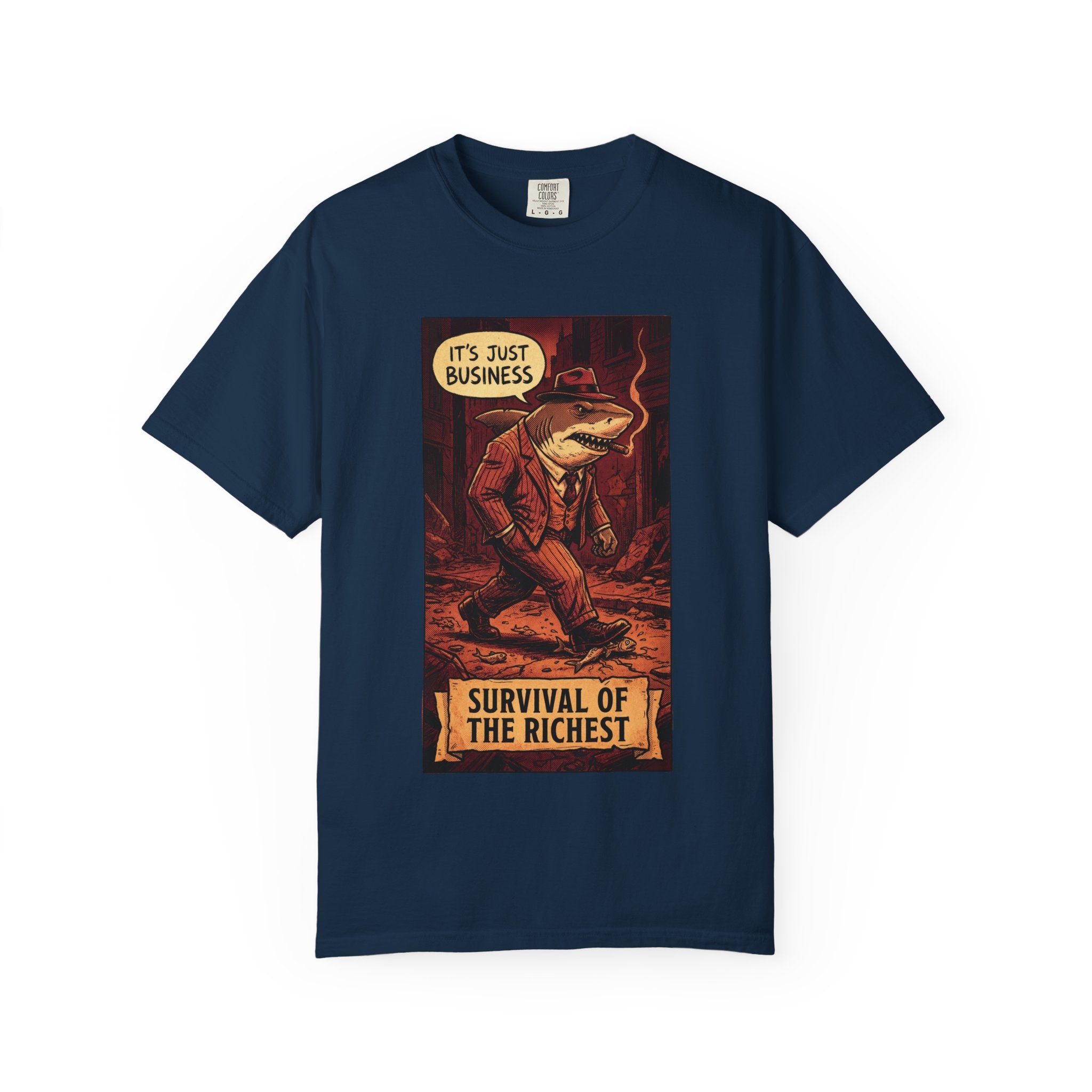 Survival of the Richest Vintage Comic Shirt | Retro Business Shark Satire Tee | Dark Humor Corporate Streetwear True Navy