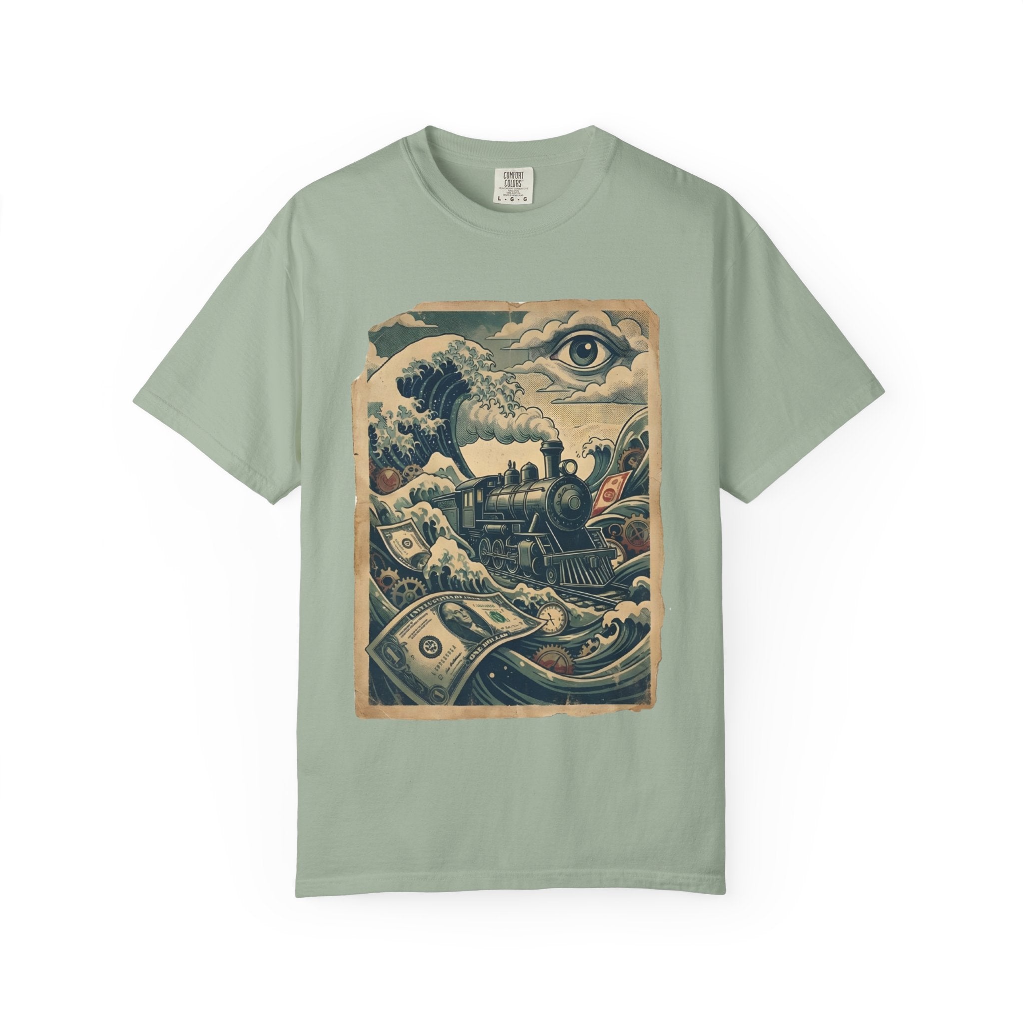 Financial Tsunami T-Shirt - Steam Train Economic Crisis Tee - Vintage Surrealist Satire Shirt - Sarcastic Money Wave Graphic Bay