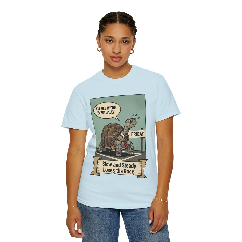 Funny Friday Shirt - Office Humor T-Shirt - Corporate Turtle Tee - Weekend Vibes Gift - "Slow and Steady Loses the Race" - Retro Animal Art Work Sarcasm Top
