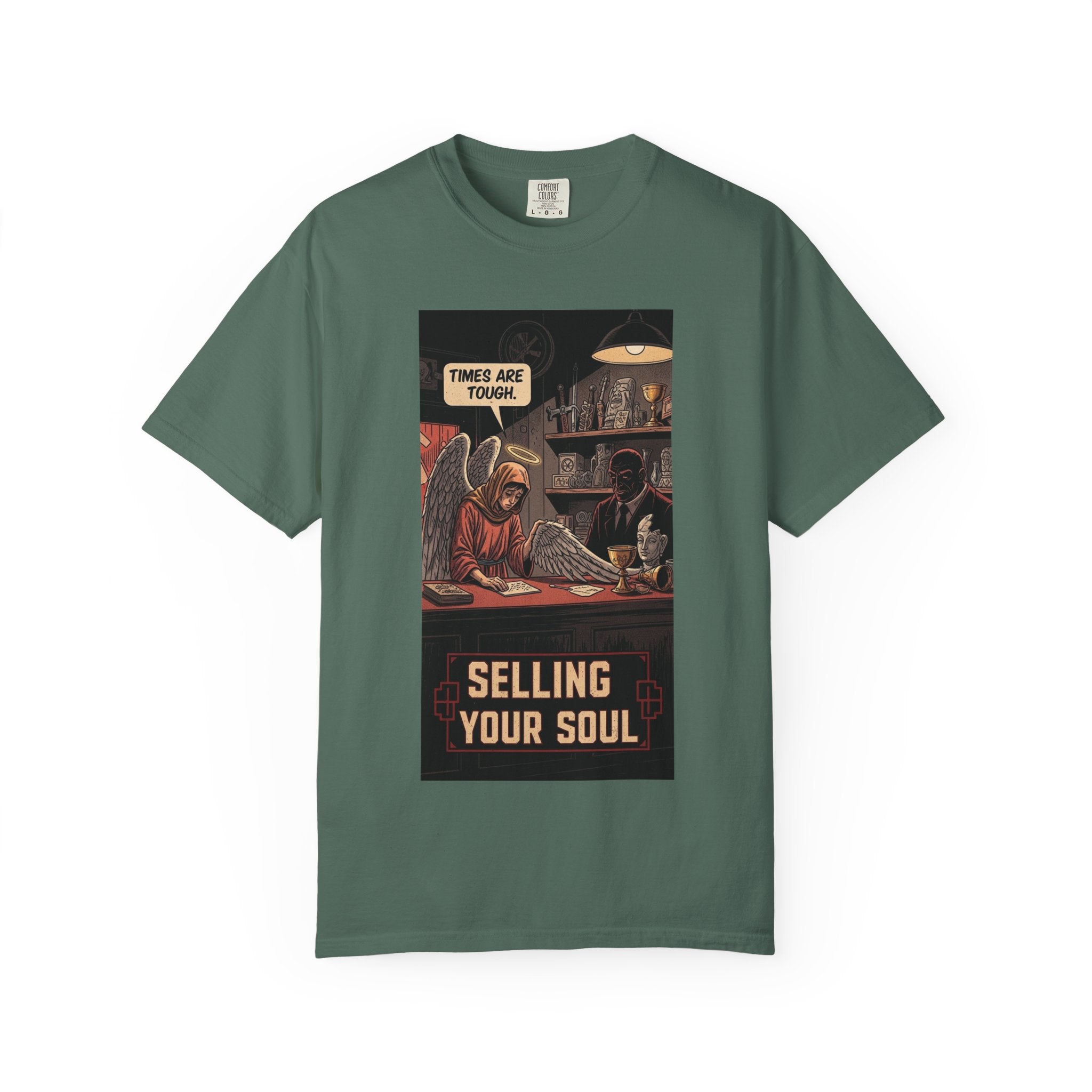 Selling Your Soul Shirt - Vintage Pawn Shop Satire Tee - Angel Social Commentary T-Shirt - Dark Humor Philosophy Gift - Retro Comic Graphic Apparel Blue Spruce