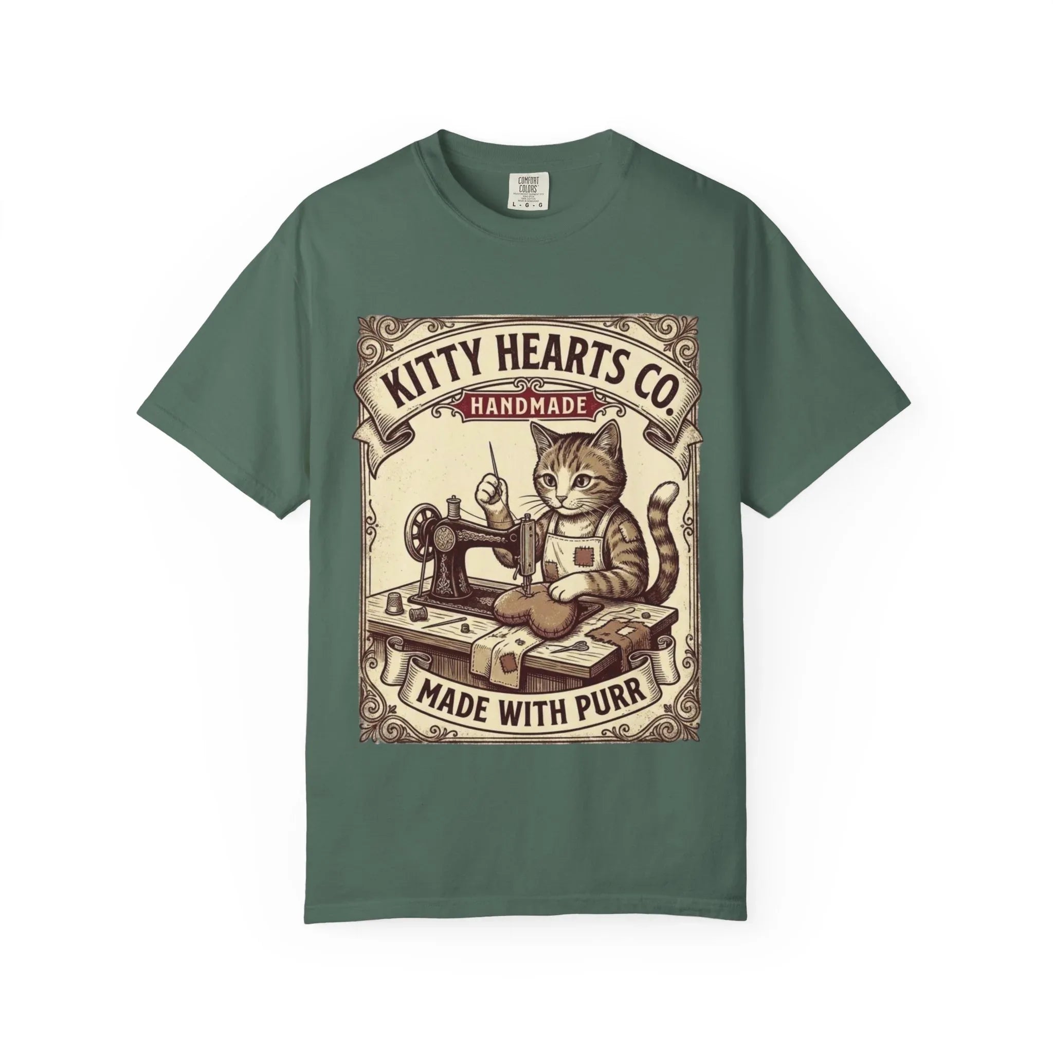 Kitty Hearts Co T-Shirt | Vintage Sewing Cat Made With Purr Graphic Tee | Retro Craft Lover Gift Blue Spruce