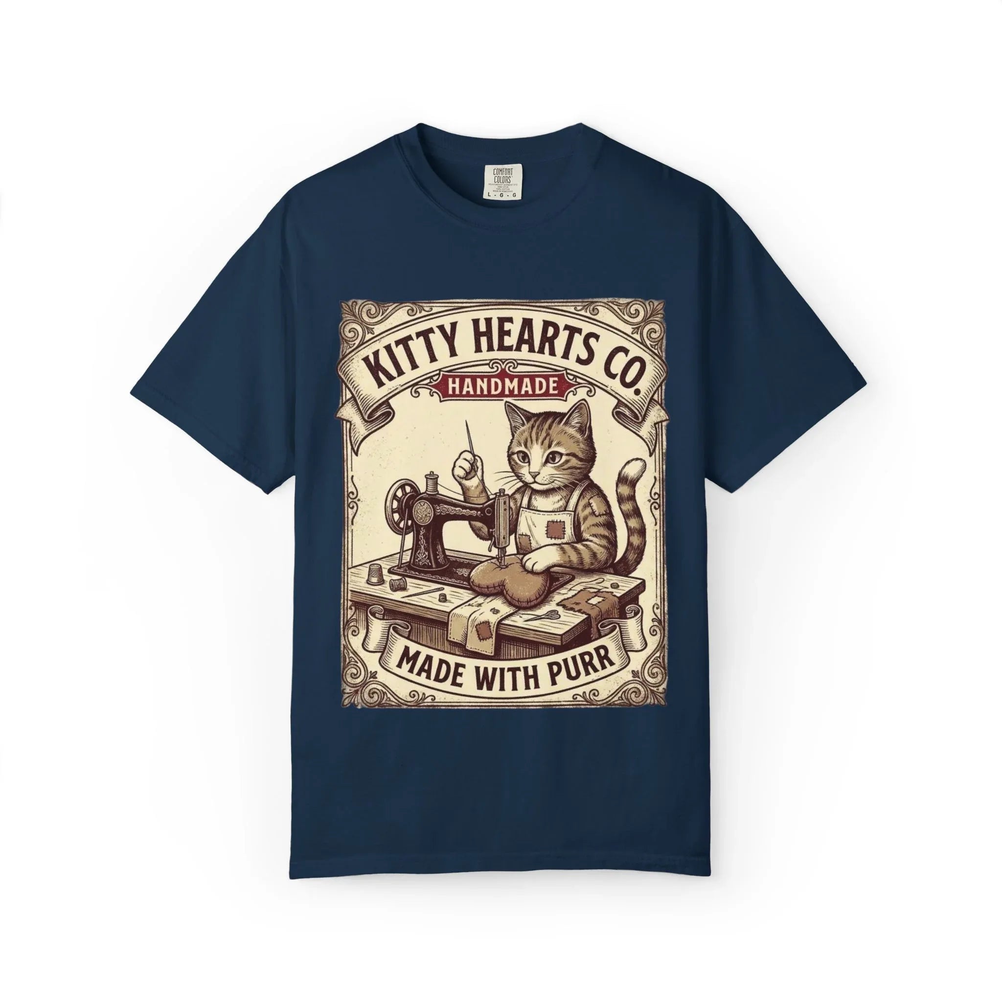 Kitty Hearts Co T-Shirt | Vintage Sewing Cat Made With Purr Graphic Tee | Retro Craft Lover Gift True Navy