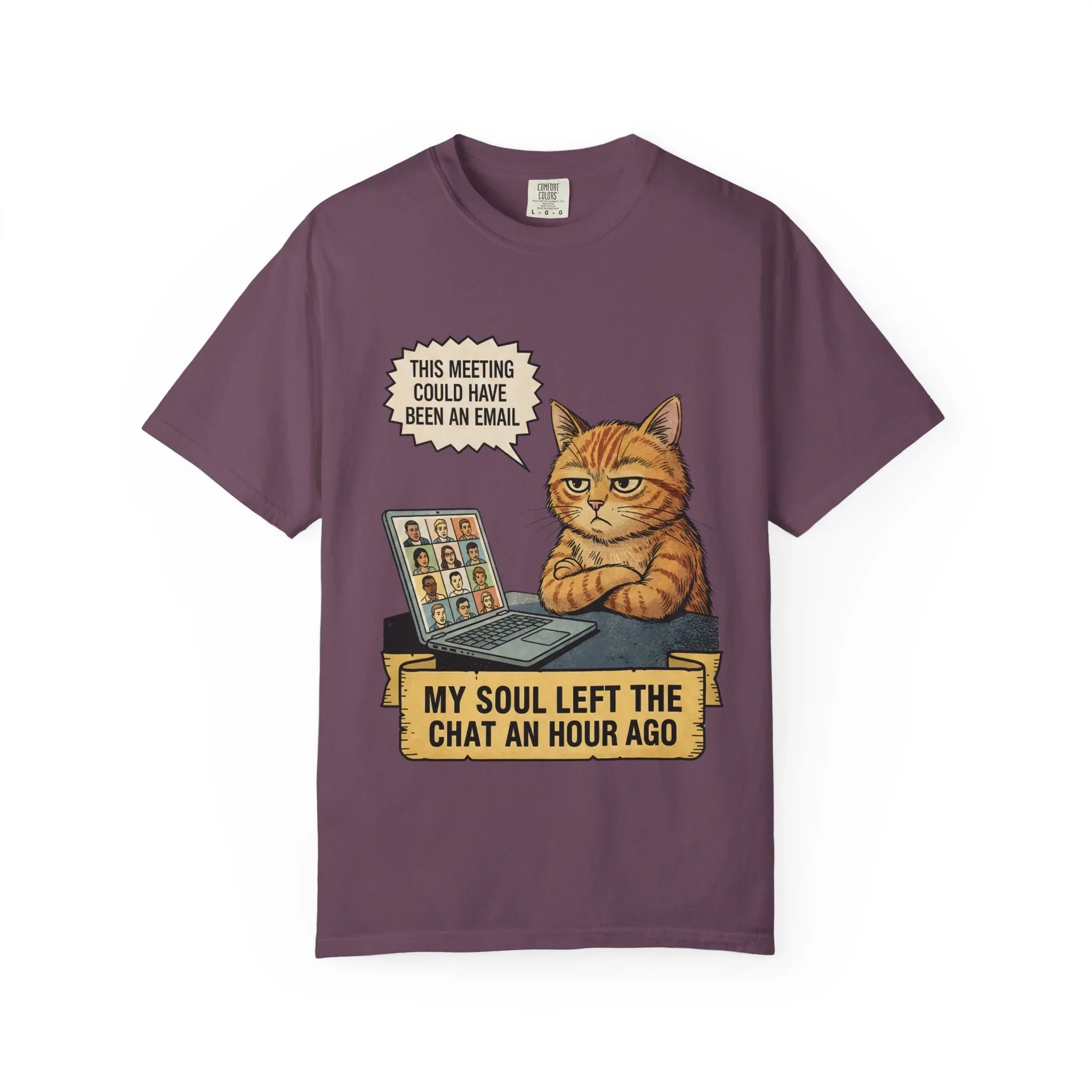 Funny Work From Home Shirt - Sarcastic Cat Hoodie - Corporate Humor Gift - "This Meeting Could Have Been An Email" Tee - Remote Work Meme - My Soul Left The Chat Top Berry M