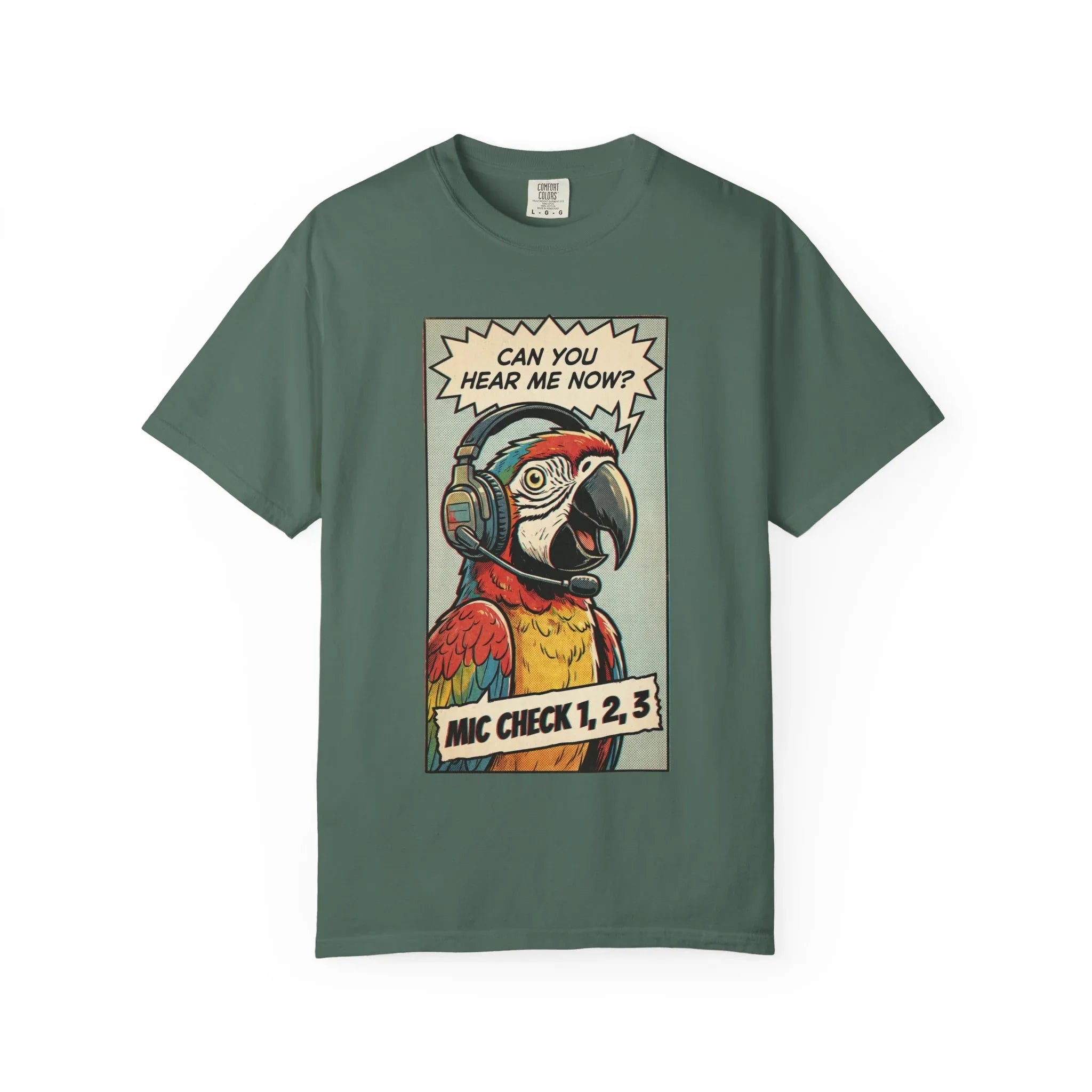 Funny Parrot Gamer Shirt - Vintage Comic Pop Art T-Shirt - Retro Macaw Bird "Mic Check" Graphic Tee - Sarcastic Podcast & Streamer Gift - Aesthetic Bird Lover Streetwear Blue Spruce