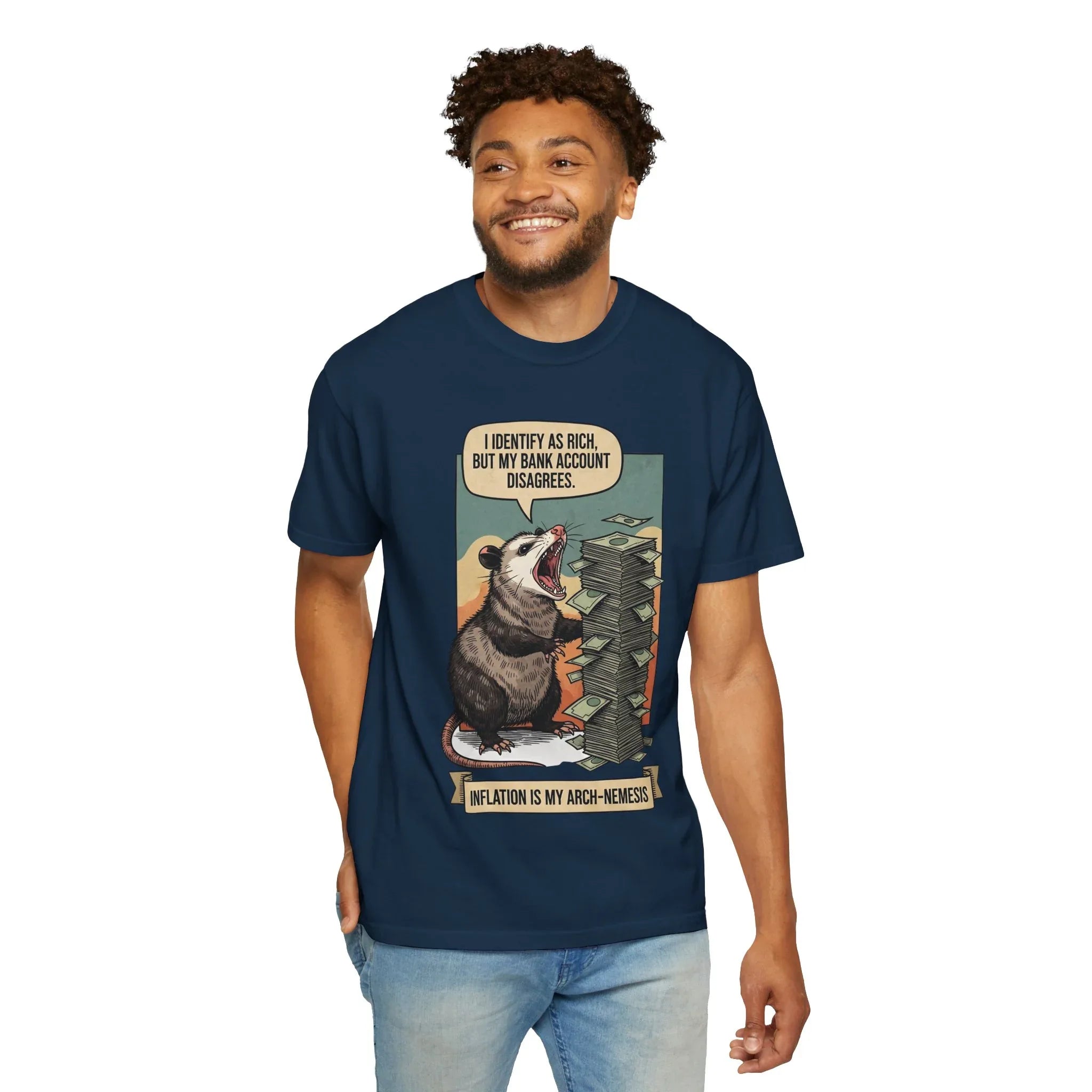 Funny Opossum Shirt - "I Identify As Rich" Inflation Meme Tee - Relatable Money Humor Gift - Vintage Style Screaming Possum Graphic - Retro Financial Crisis T-Shirt True Navy