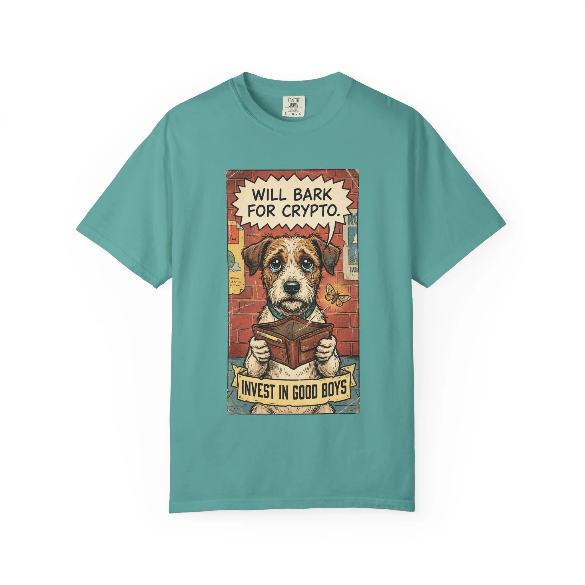 Funny Crypto Dog Shirt - Vintage Dogecoin Bitcoin Investor Gift - "Will Bark for Crypto" Graphic Tee - Retro Satirical Meme Clothing - HODL & Buy the Dip T-Shirt Seafoam