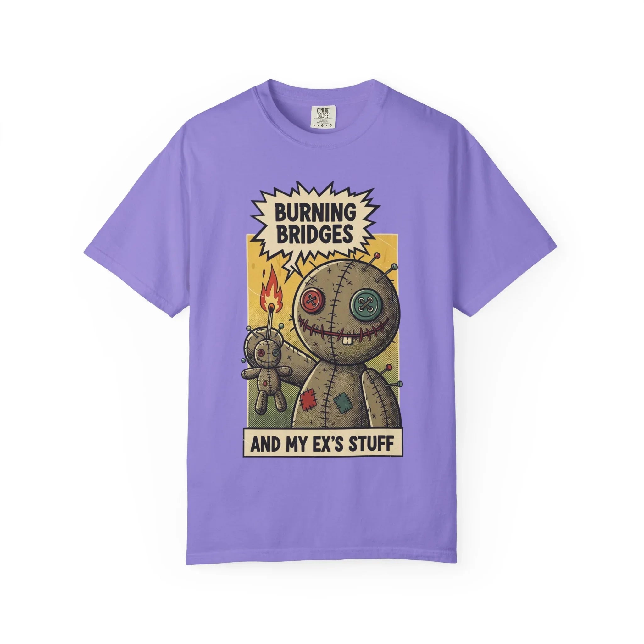 Burning Bridges Funny Breakup Shirt - Vintage Voodoo Doll Graphic Tee - Sarcastic Ex-Relationship T-Shirt - Retro Comic Dark Humor Gift - Mid-Century Aesthetic Streetwear Violet