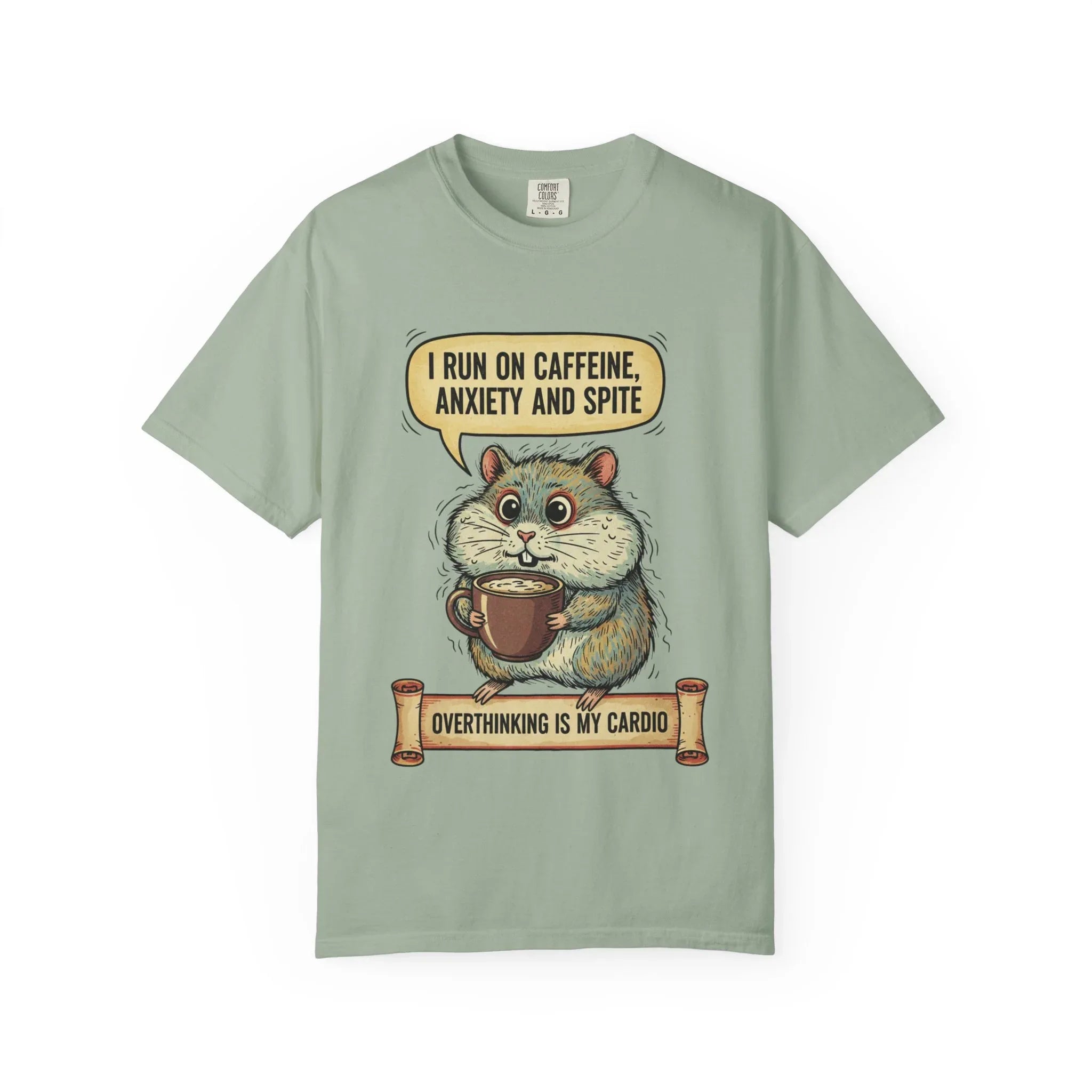 Funny Hamster Coffee Shirt - "Overthinking is My Cardio" T-Shirt - Caffeine Anxiety and Spite Gift - Sarcastic Mental Health Tee - Retro Jittery Hamster Graphic Top Bay