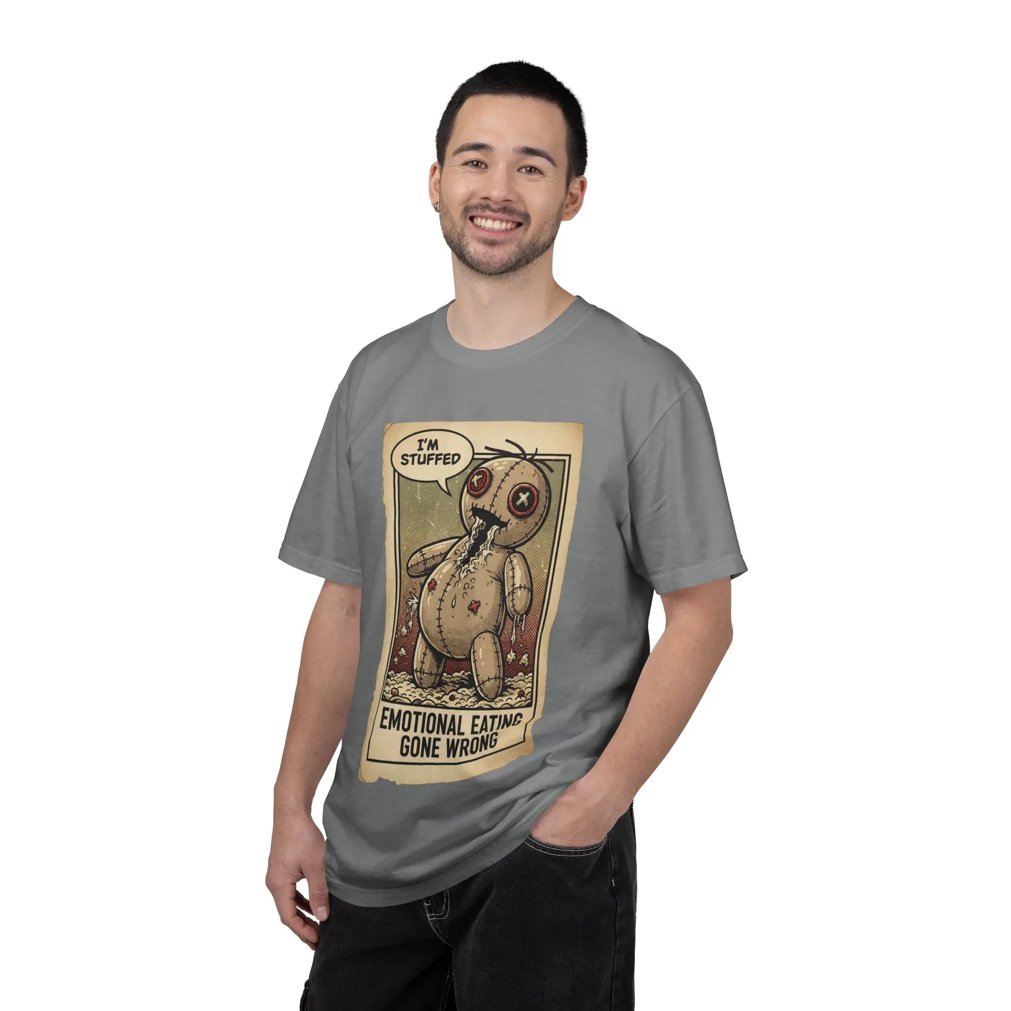 Funny Voodoo Doll "I'm Stuffed" Shirt - Emotional Eating Sarcastic Graphic Tee - Retro Dark Humor Foodie T-Shirt - Vintage Garment-Dyed Aesthetic Streetwear - Indie Lowbrow Art Mood Shirt Grey