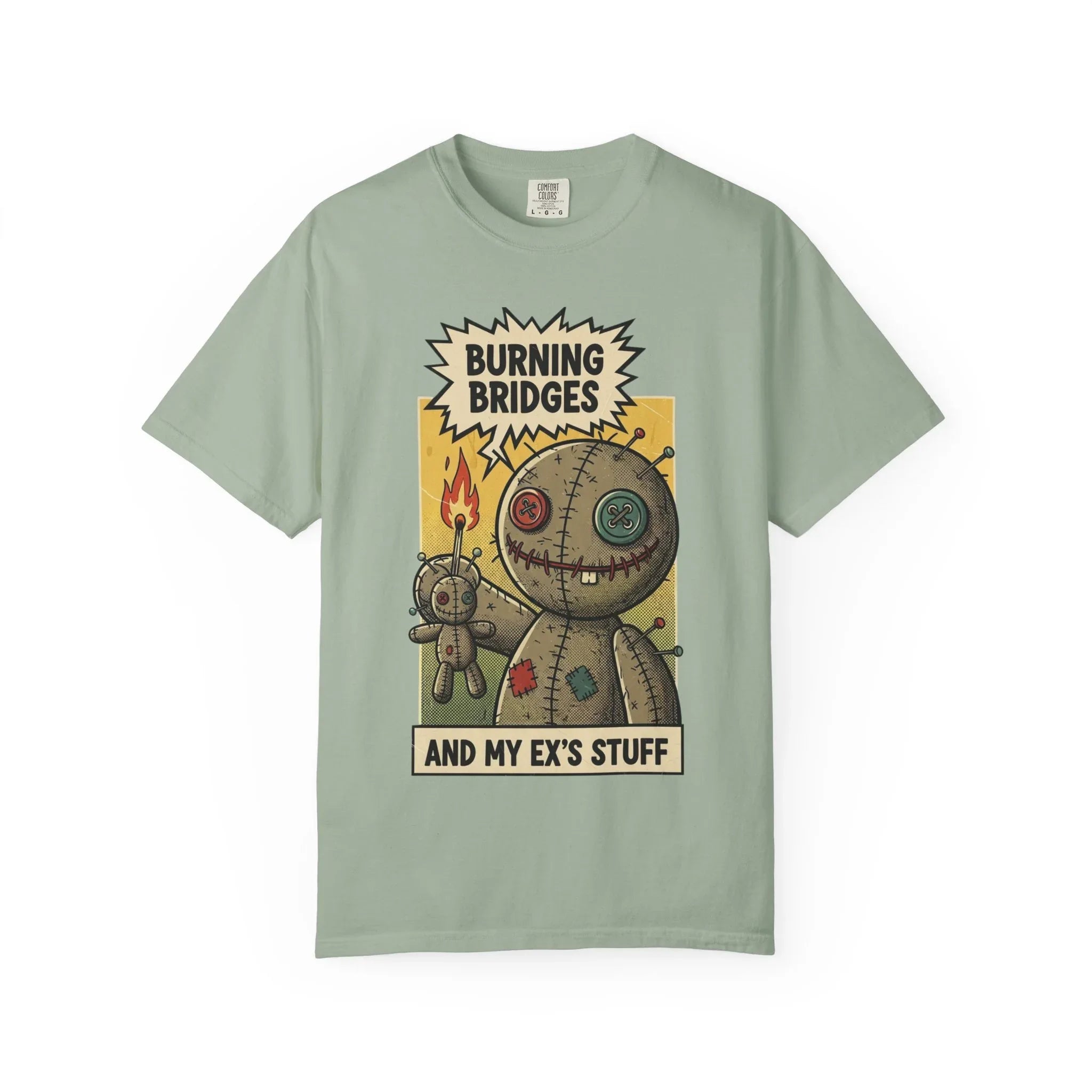 Burning Bridges Funny Breakup Shirt - Vintage Voodoo Doll Graphic Tee - Sarcastic Ex-Relationship T-Shirt - Retro Comic Dark Humor Gift - Mid-Century Aesthetic Streetwear Bay
