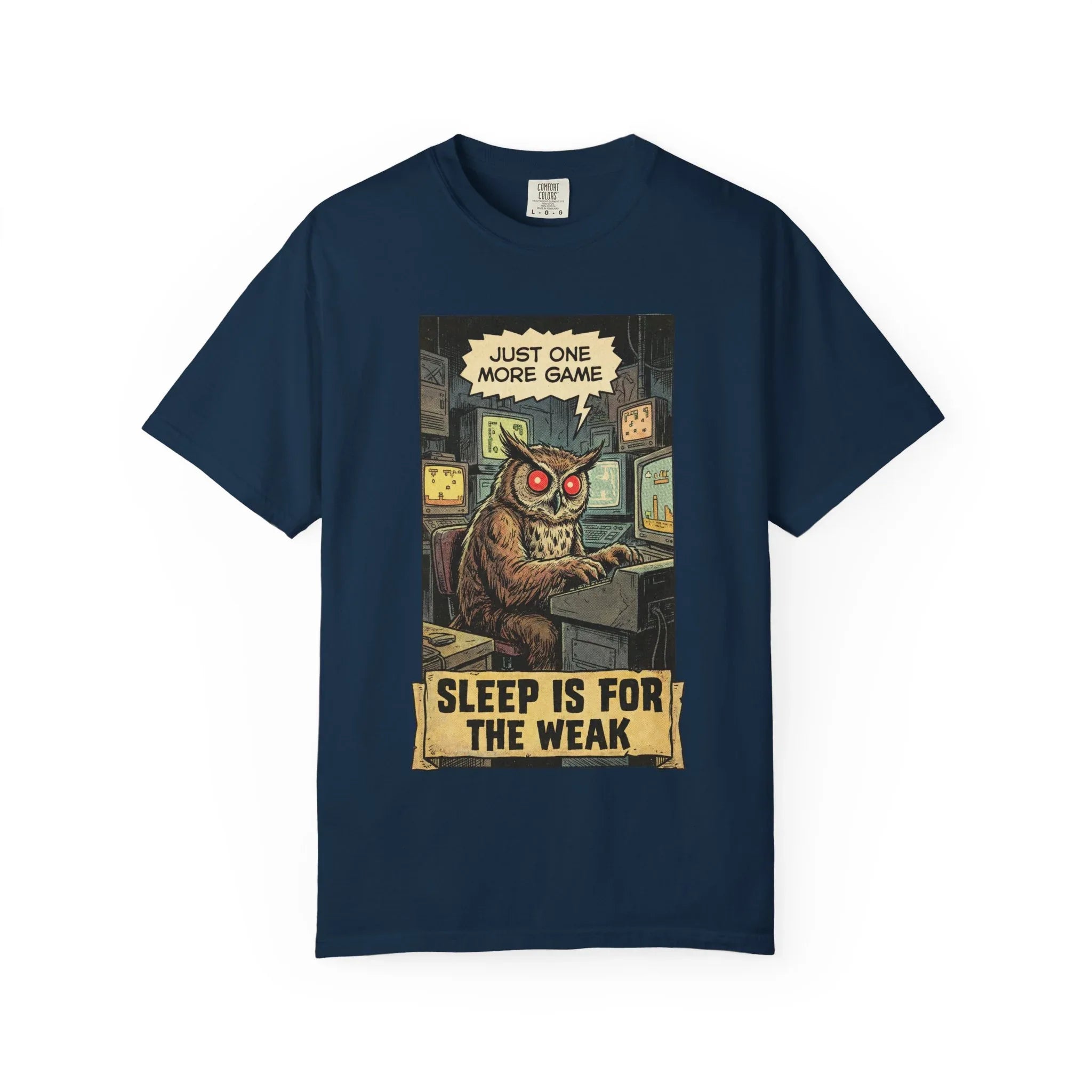 Funny Gamer Owl Shirt - "Just One More Game" Retro T-Shirt - Sarcastic Sleep is for the Weak Graphic Tee - Vintage Night Owl Gaming Gift - Gamer Husband & Boyfriend Gift True Navy