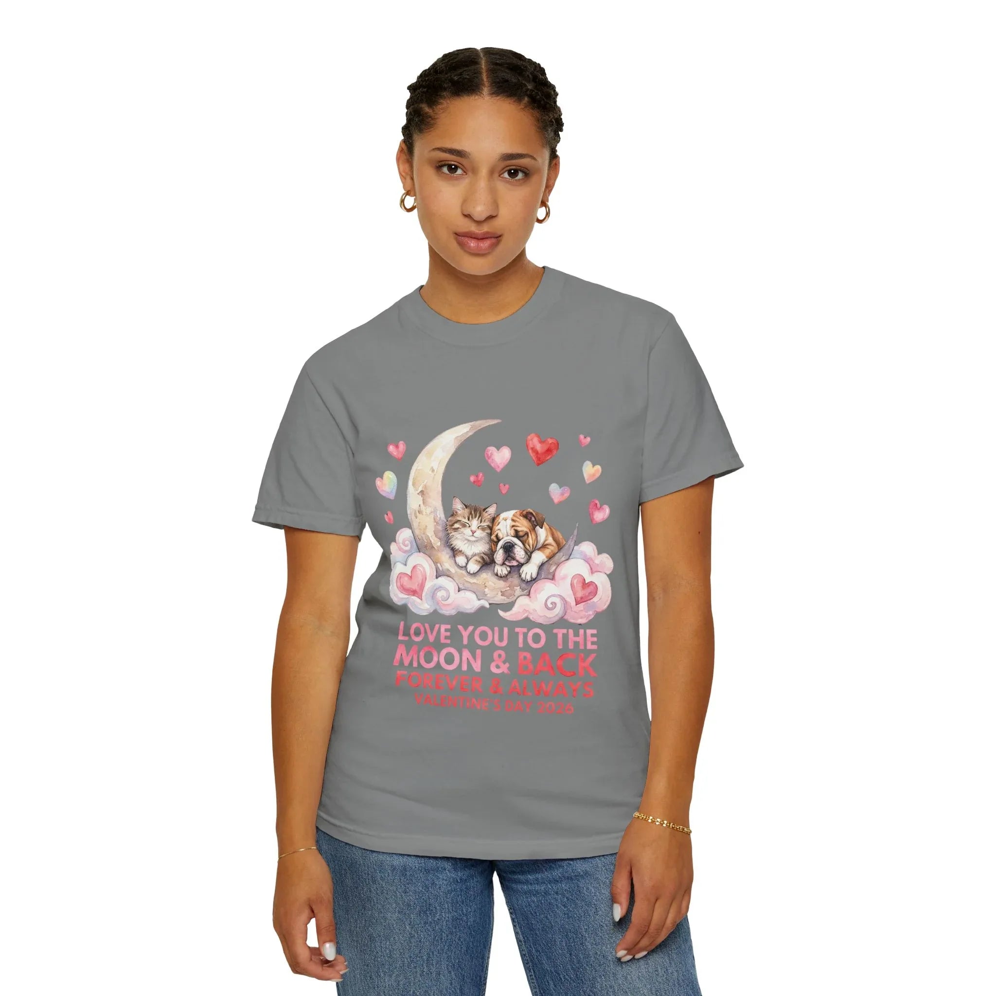 Love You to the Moon and Back Cats T Shirt Cute Kittens Crescent Moon Hearts Watercolor Cozy Vintage Aesthetic Gift Cat Lovers Valentine Tee