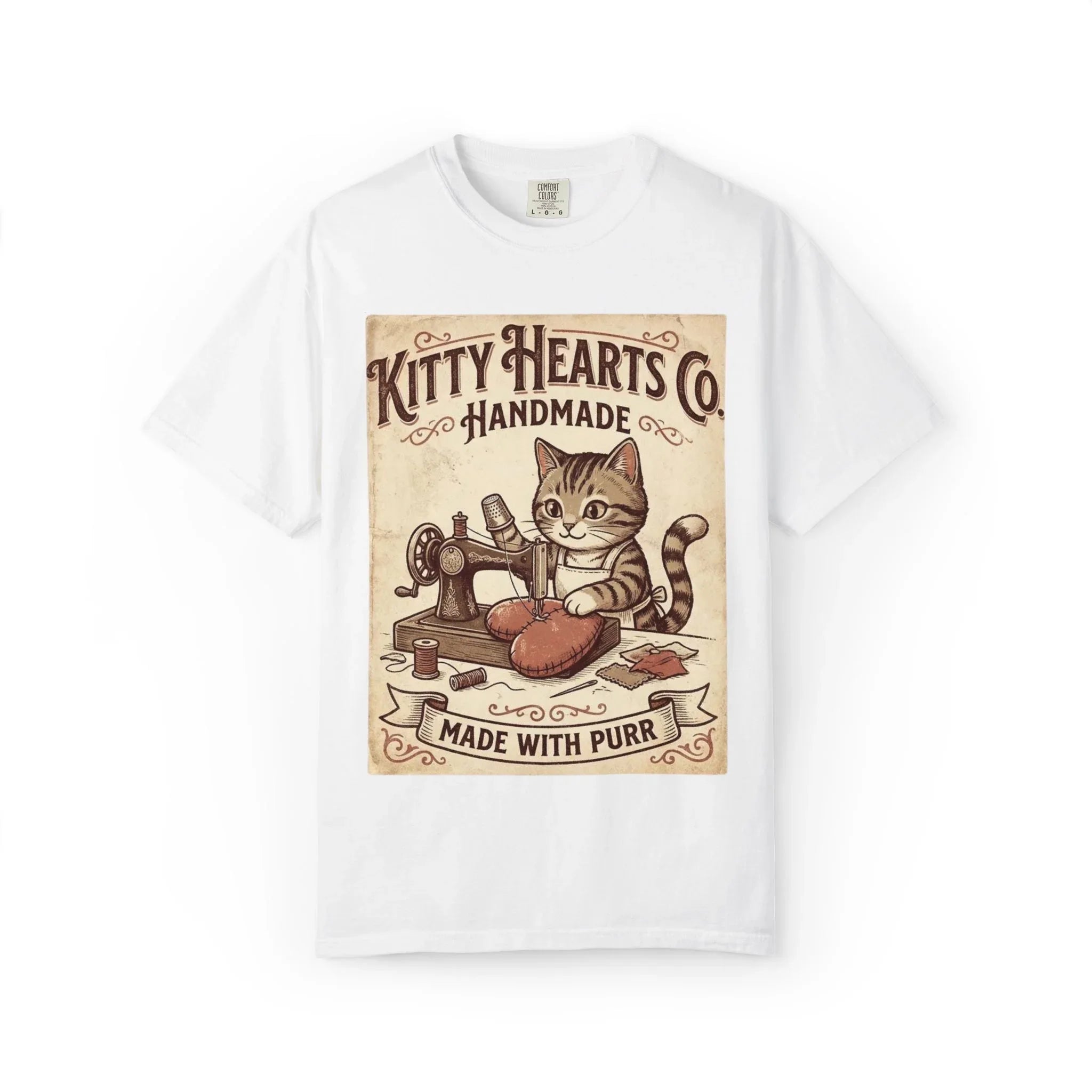 Kitty Hearts Co T-Shirt | Vintage Handmade Cat Sewing Made With Purr Graphic Tee White