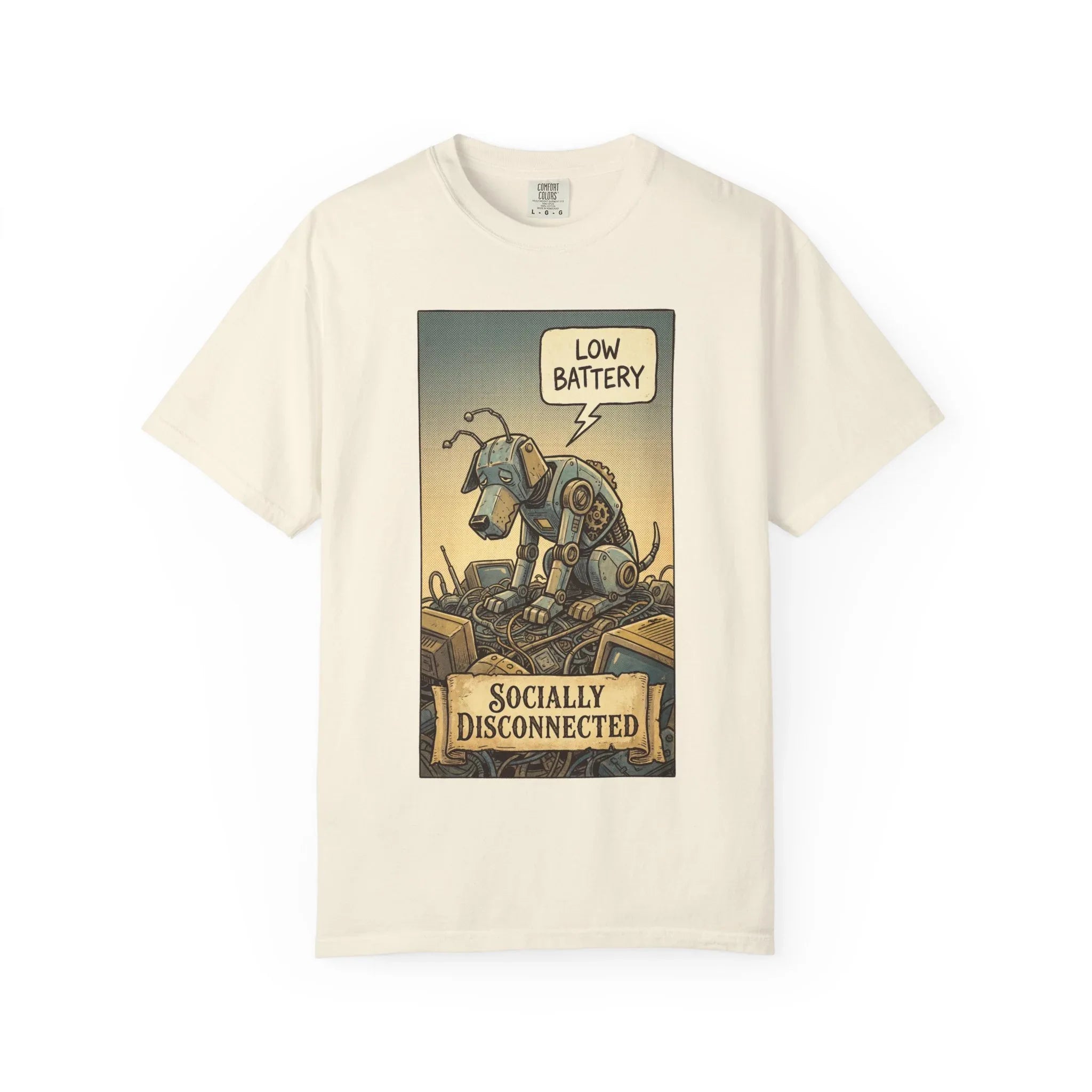 Socially Disconnected Robot Dog Shirt - Vintage Retro Comic Tee - Social Battery Introvert Gift - Satirical Humor Aesthetic T-Shirt - Relatables Low Battery Robot Graphic Tee Ivory