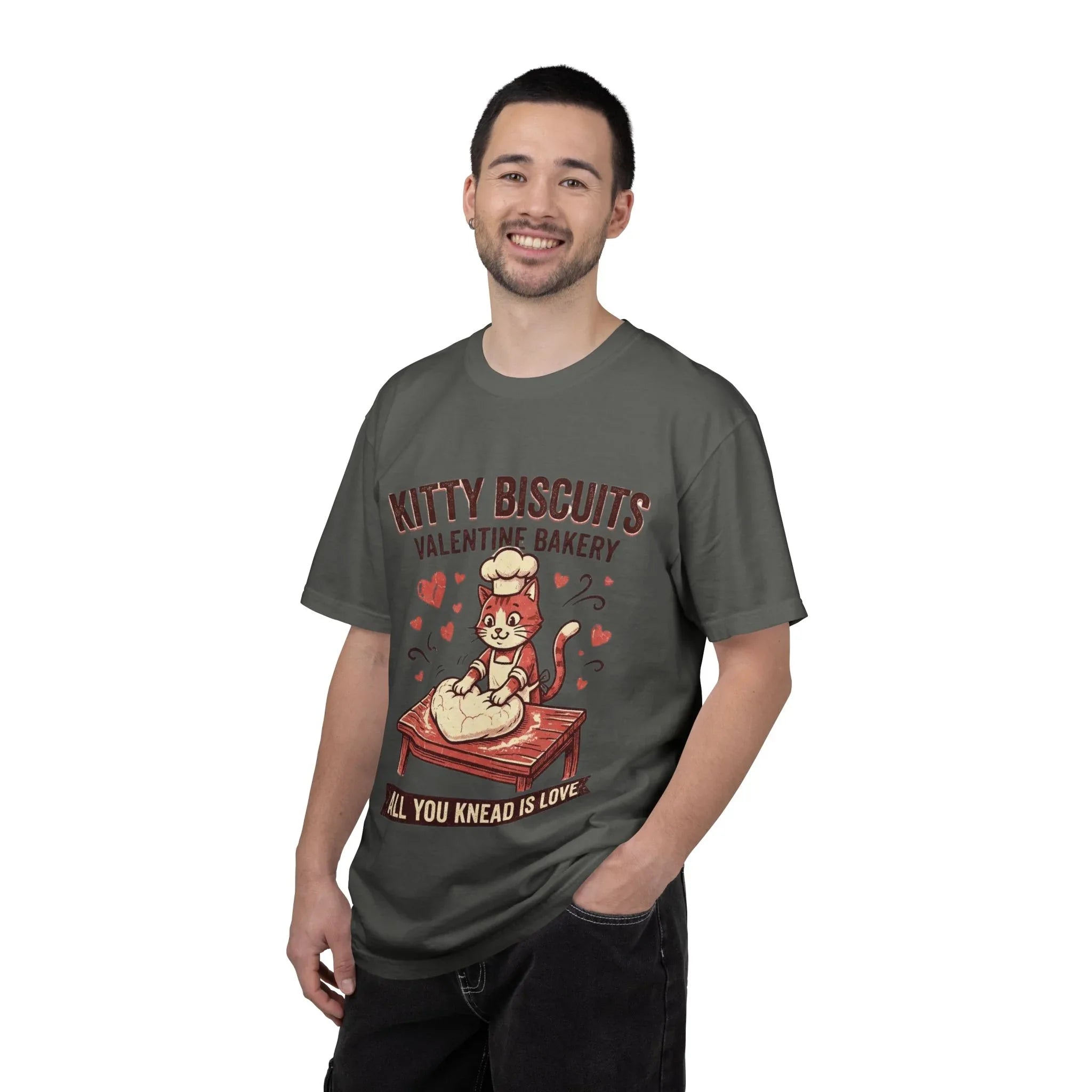 Kitty Biscuits T-Shirt | Valentine Bakery Cat All You Knead Is Love Graphic Tee