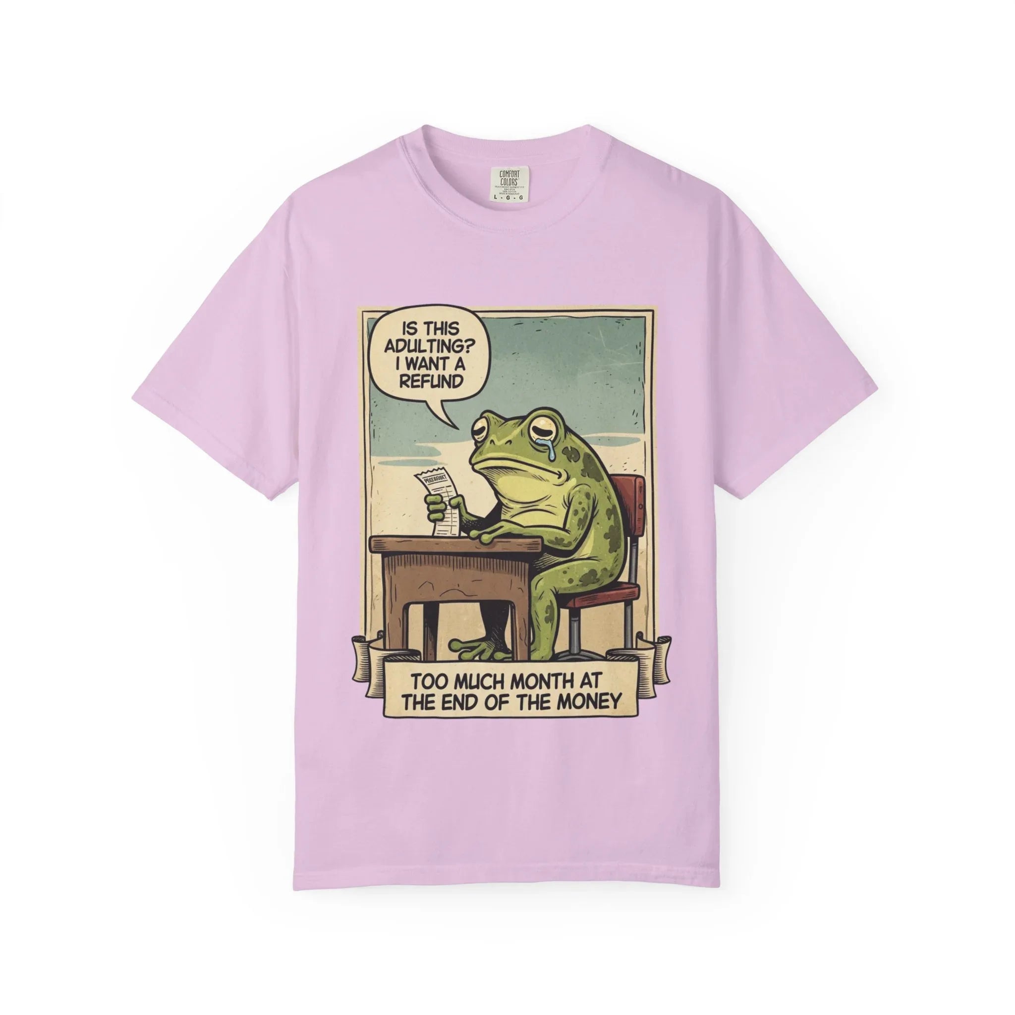 Funny Adulting Shirt - Sad Frog Meme Hoodie - "Too Much Month at the End of My Money" Sweatshirt - Vintage Aesthetic Millennial Financial Humor - Relatable Broke Friend Gift Orchid