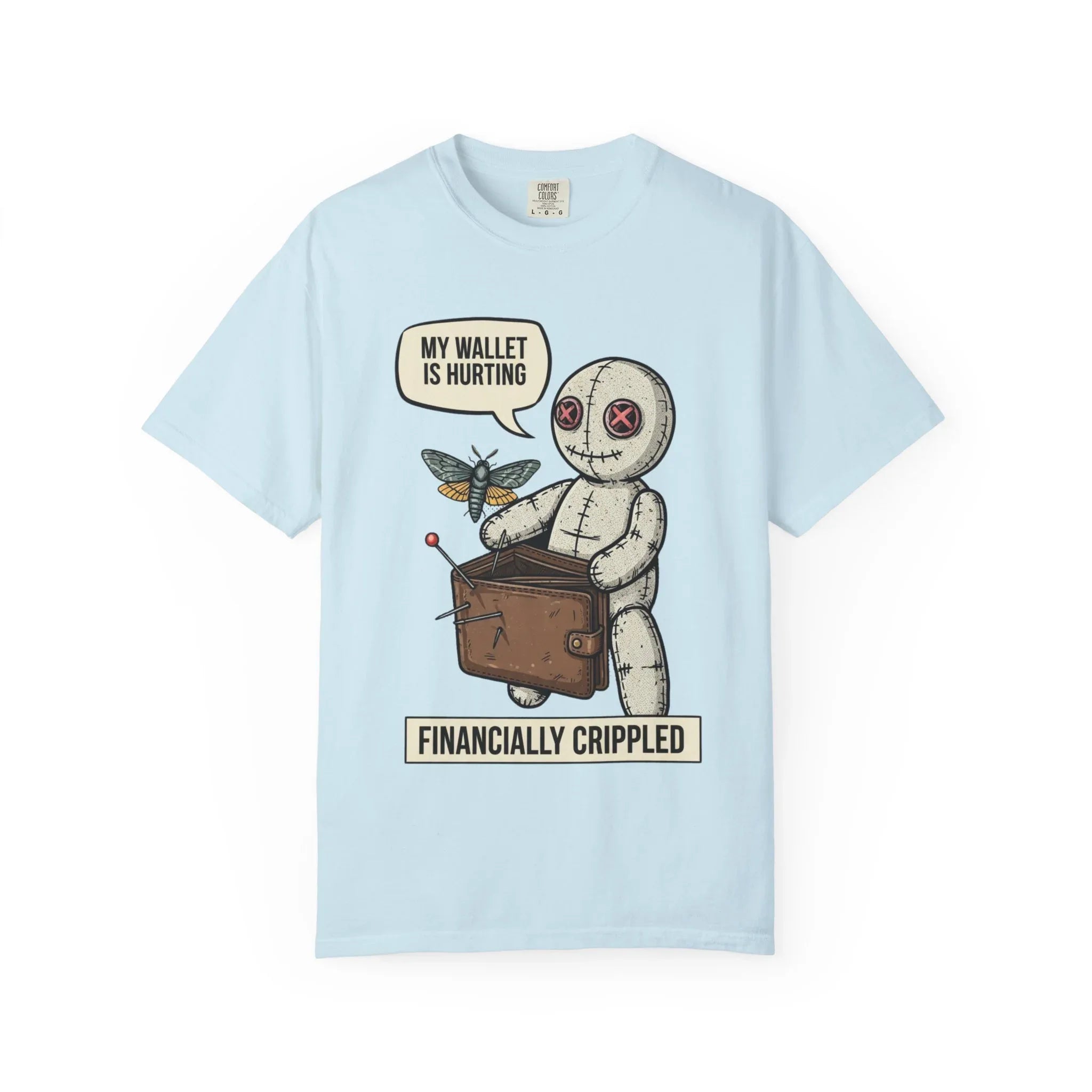 Funny Voodoo Doll Broke Life Shirt - Sarcastic "Financially Crippled" Graphic Tee - Retro Dark Humor Wallet T-Shirt - Vintage Aesthetic Streetwear Gift - Relatable Financial Struggle Mood Shirt Chambray