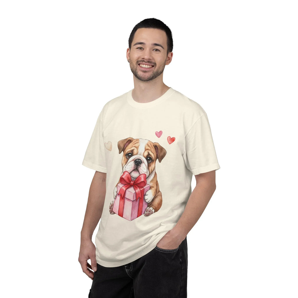 Bulldog Puppy with Gift T-Shirt | Cute Dog Valentine Hearts | Cozy Pet Lover Gift | Soft Vintage Aesthetic Dog Tee