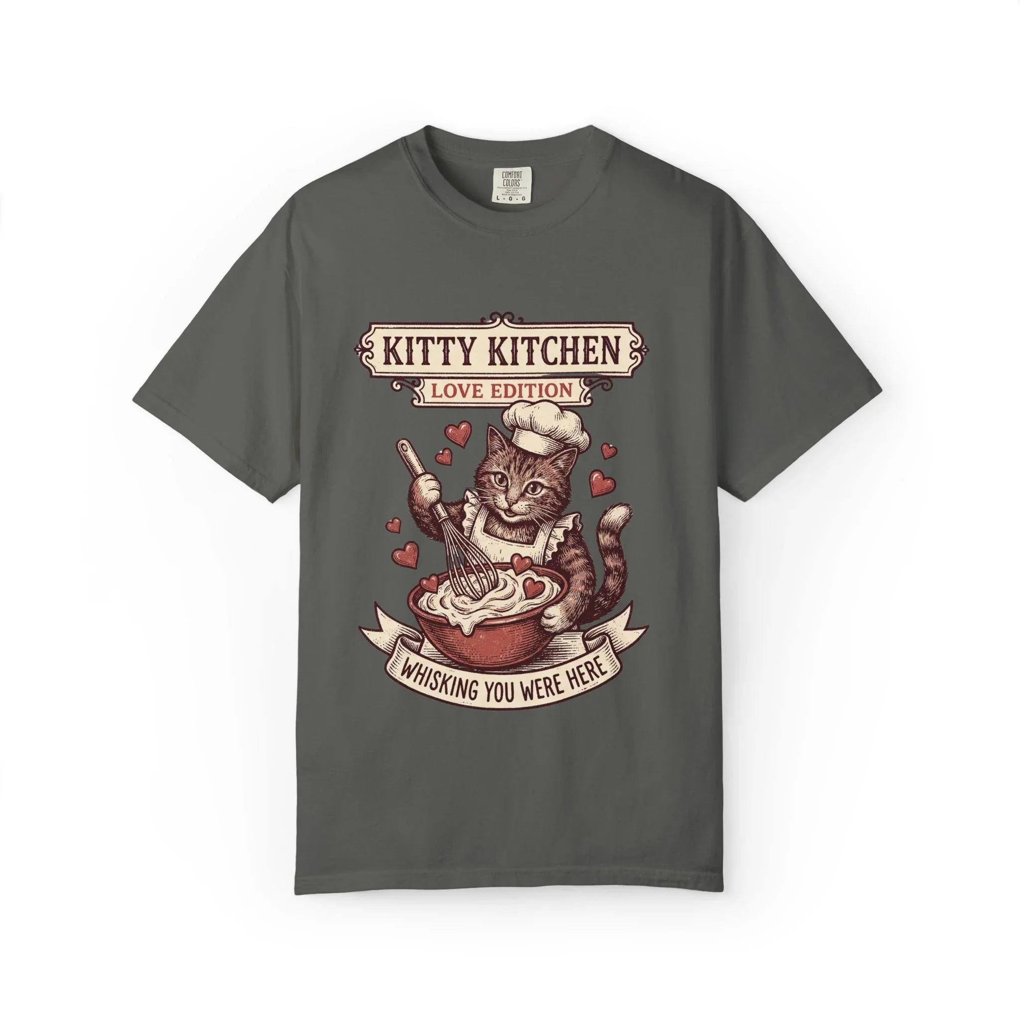 Kitty Kitchen Love T-Shirt | Vintage Cat Chef Whisking You Were Here Graphic Tee Pepper