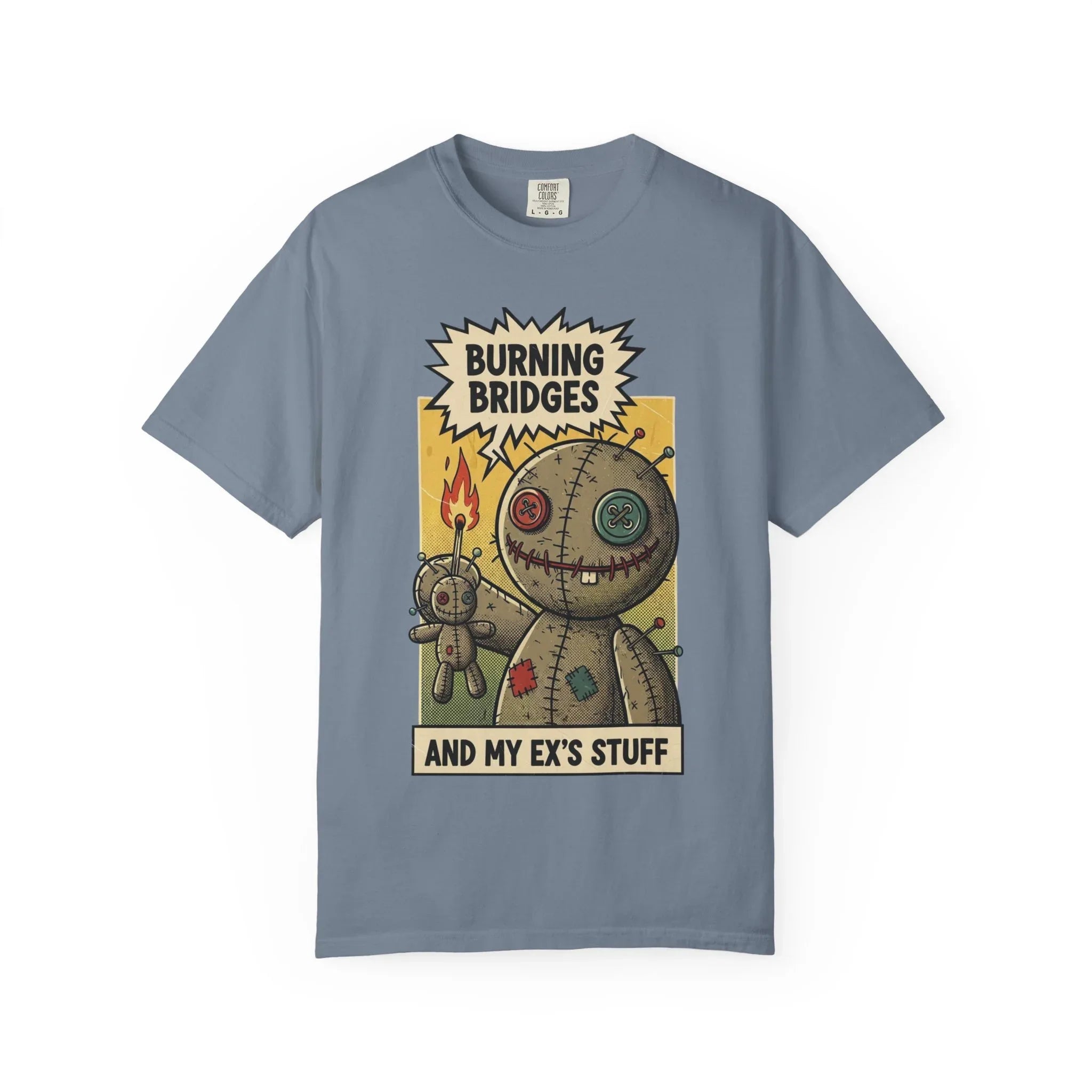 Burning Bridges Funny Breakup Shirt - Vintage Voodoo Doll Graphic Tee - Sarcastic Ex-Relationship T-Shirt - Retro Comic Dark Humor Gift - Mid-Century Aesthetic Streetwear Blue Jean