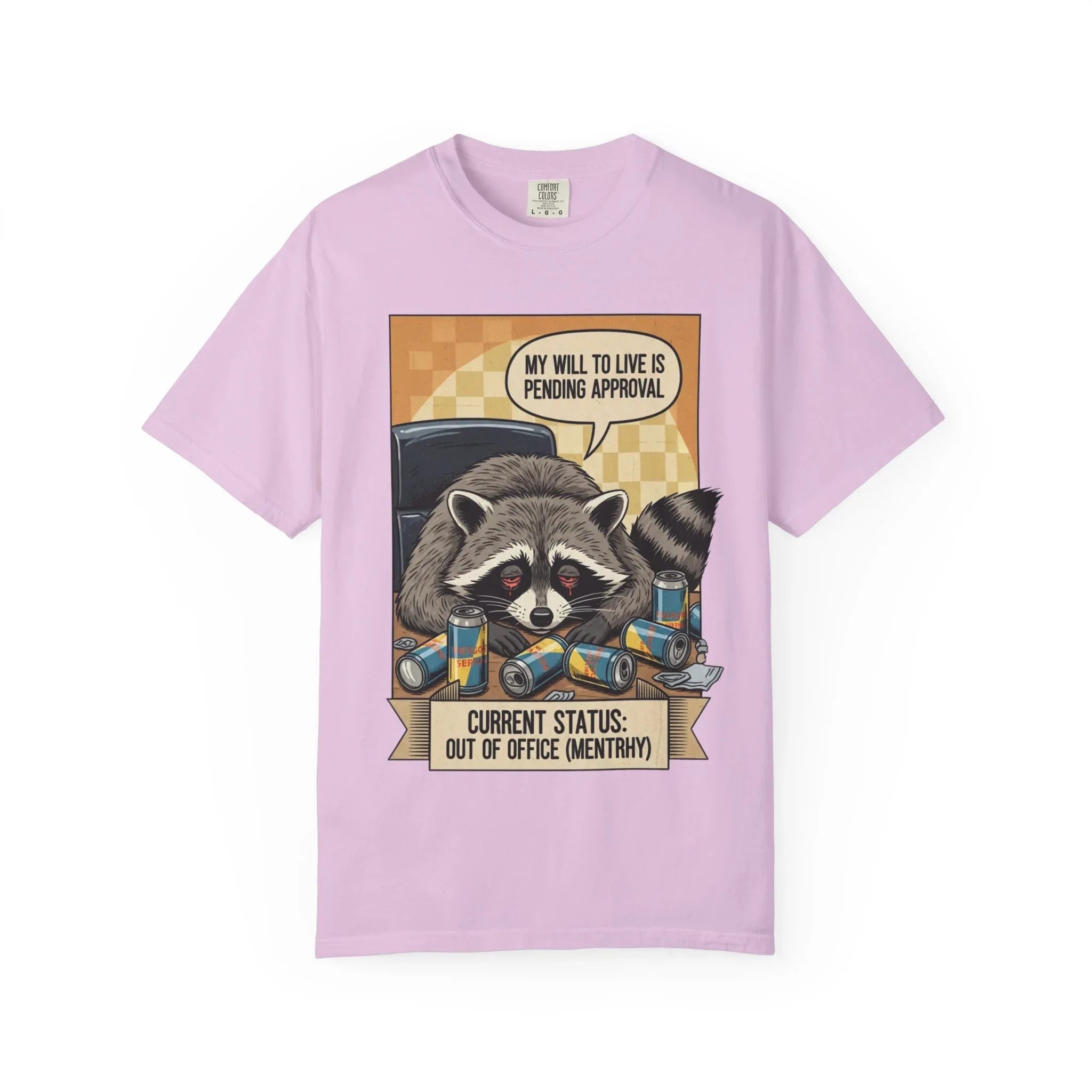 Funny Raccoon Shirt - Mentally Exhausted Office Tee - Retro Trash Panda Corporate Humor - Sarcastic "Pending Approval" T-Shirt - Relatable Coworker Gift & Work From Home Apparel Orchid