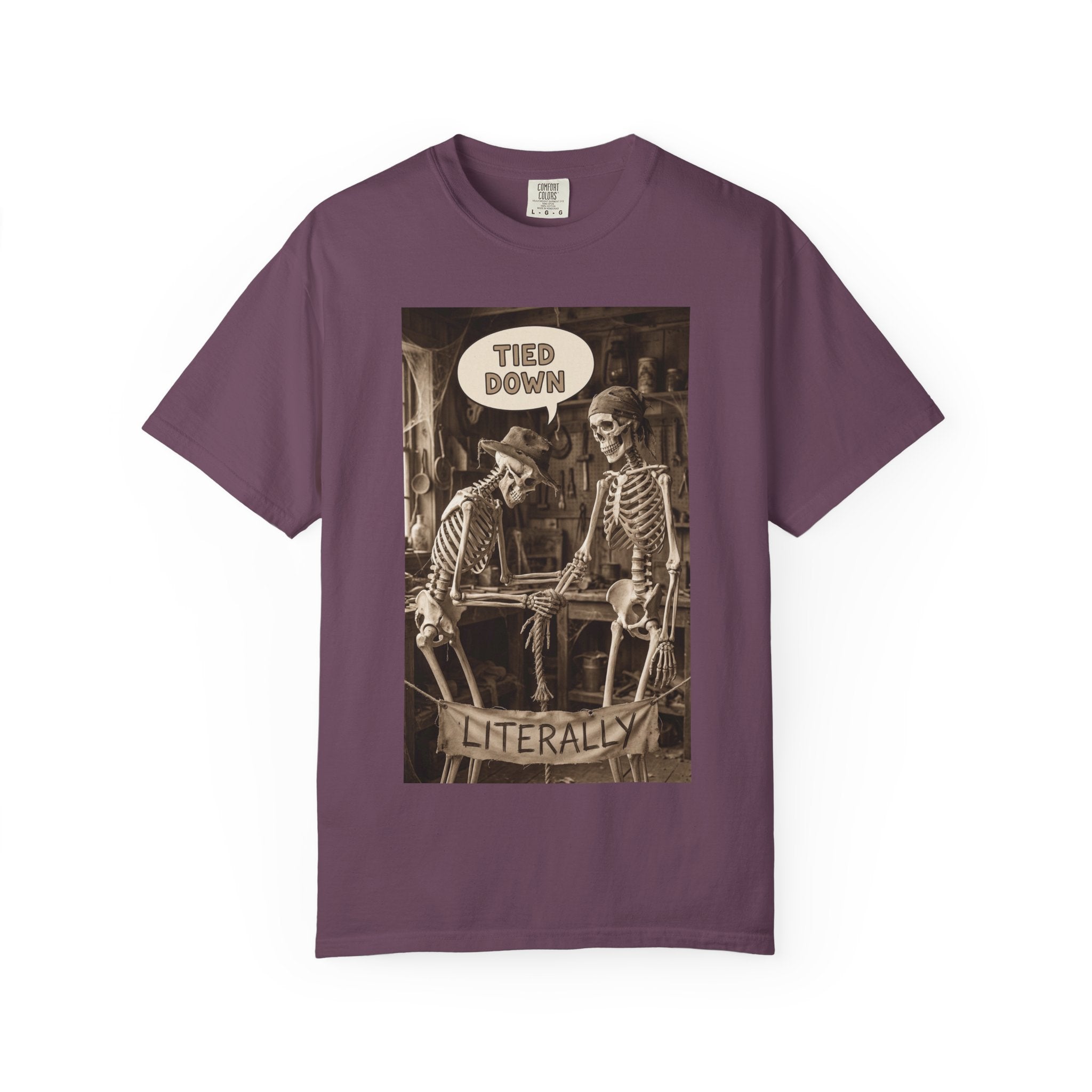 🪢 Tied Down Literally – Vintage Skeleton Satire & Dark Humor Streetwear Unisex Garment-Dyed T-shirt Berry