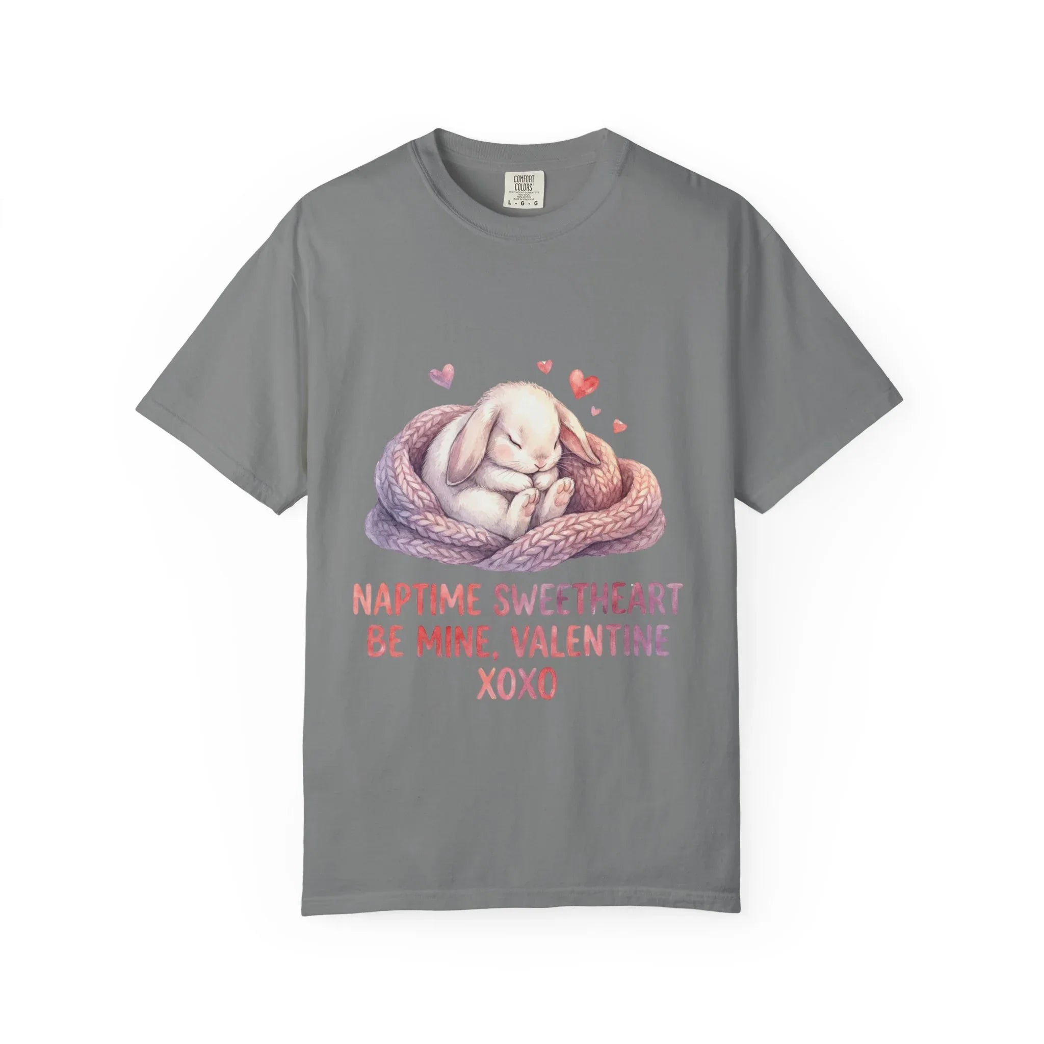 Sleeping Bunny Nest Valentine T Shirt Naptime Sweetheart Be Mine XOXO Watercolor Cozy Vintage Aesthetic Gift Bunny Lovers Romantic Tee Grey