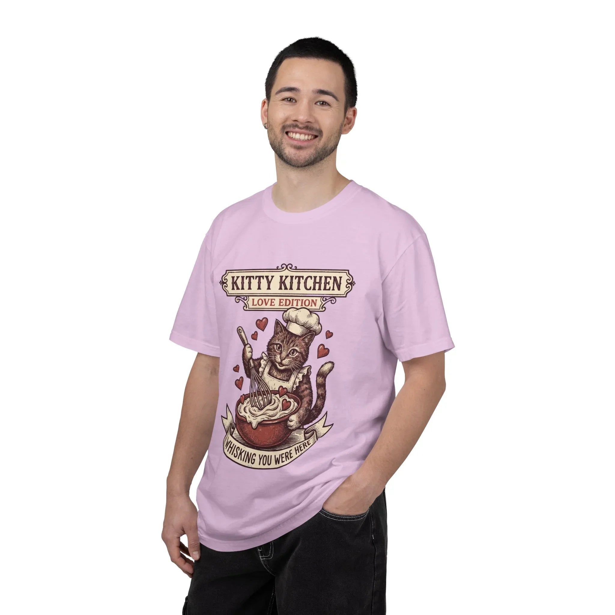 Kitty Kitchen Love T-Shirt | Vintage Cat Chef Whisking You Were Here Graphic Tee