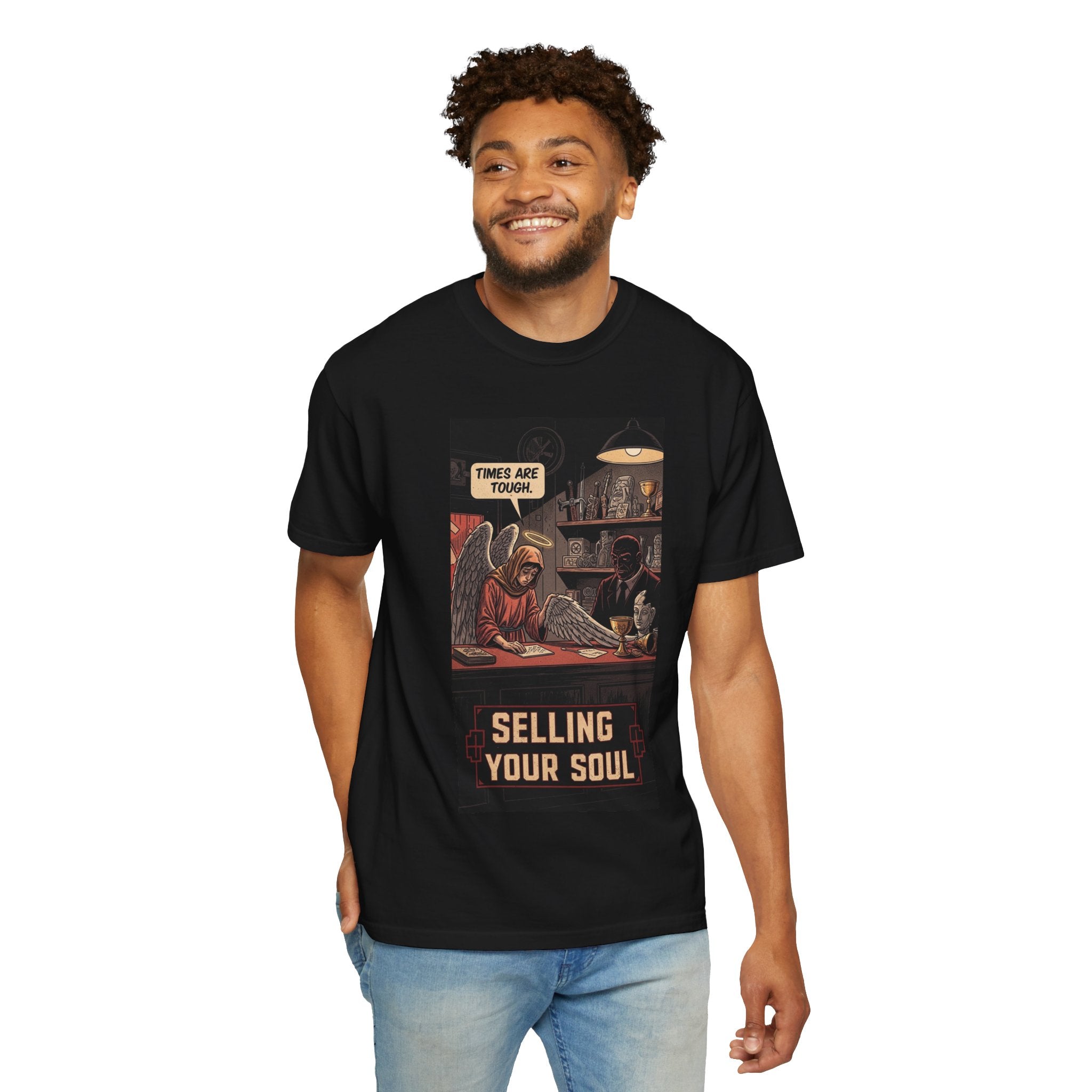 Selling Your Soul Shirt - Vintage Pawn Shop Satire Tee - Angel Social Commentary T-Shirt - Dark Humor Philosophy Gift - Retro Comic Graphic Apparel