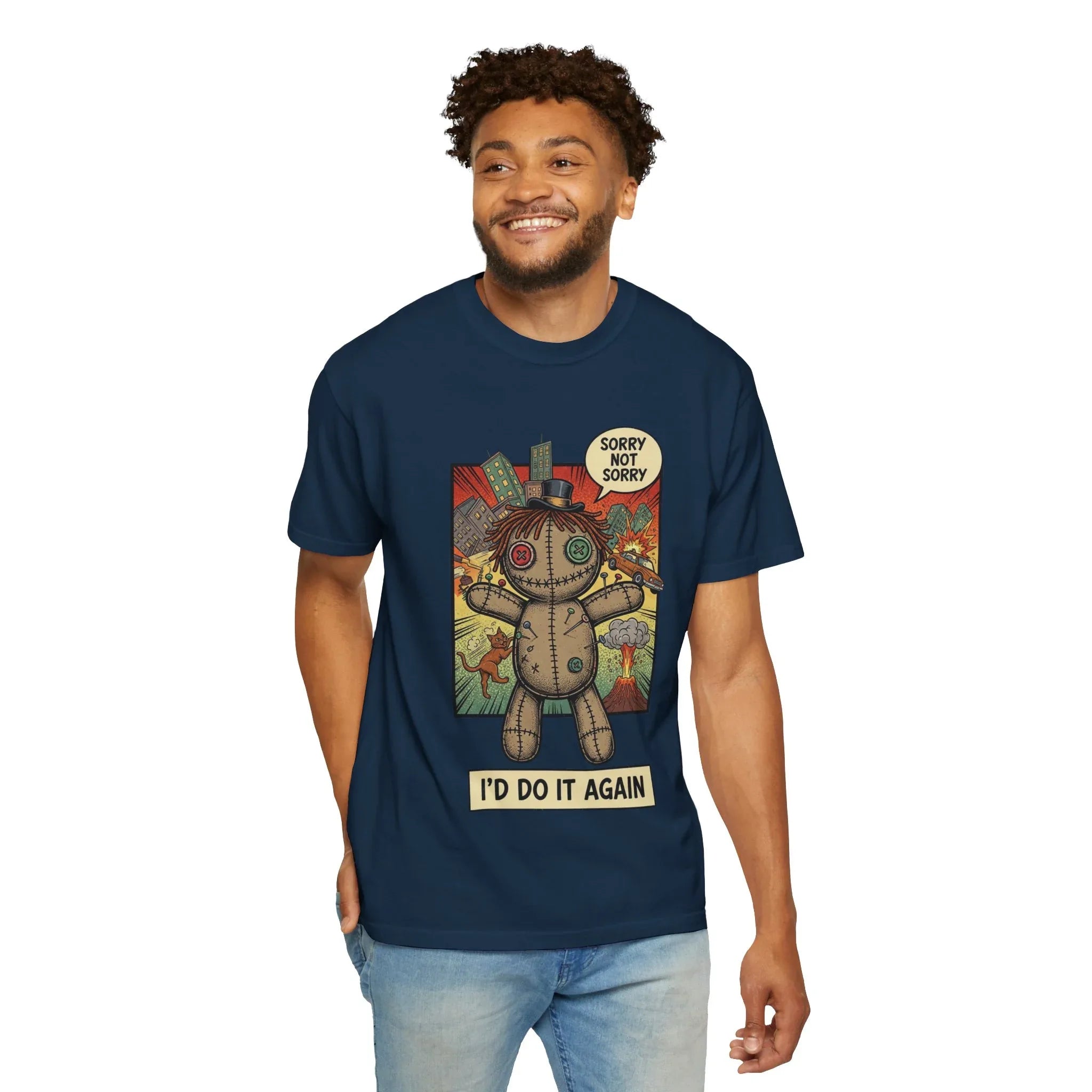 Funny Voodoo Doll Sarcastic Shirt - Retro Comic Dark Humor Graphic Tee - "I'd Do It Again" Sorry Not Sorry Unapologetic Mood T-Shirt - Vintage Garment-Dyed Streetwear True Navy