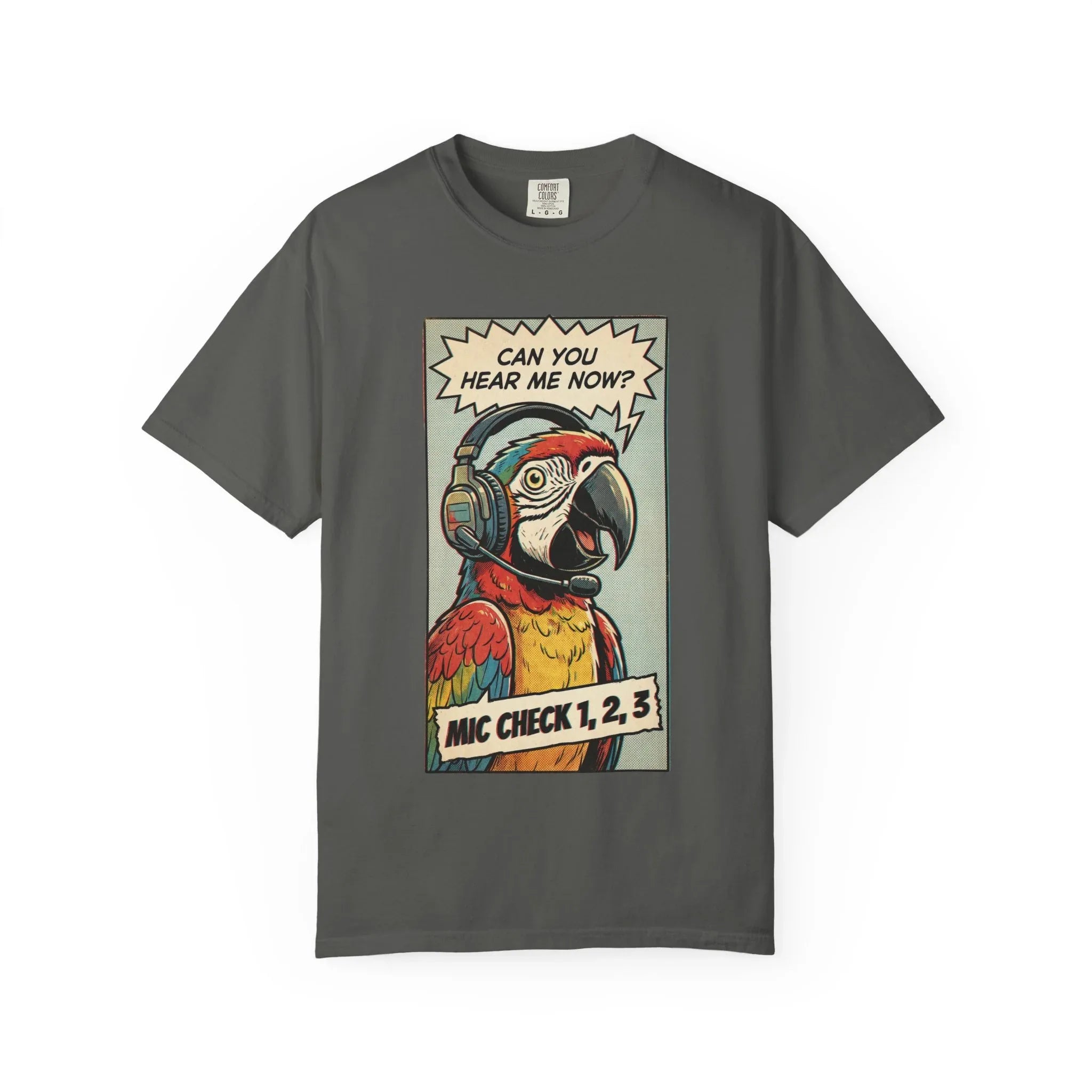 Funny Parrot Gamer Shirt - Vintage Comic Pop Art T-Shirt - Retro Macaw Bird "Mic Check" Graphic Tee - Sarcastic Podcast & Streamer Gift - Aesthetic Bird Lover Streetwear Pepper