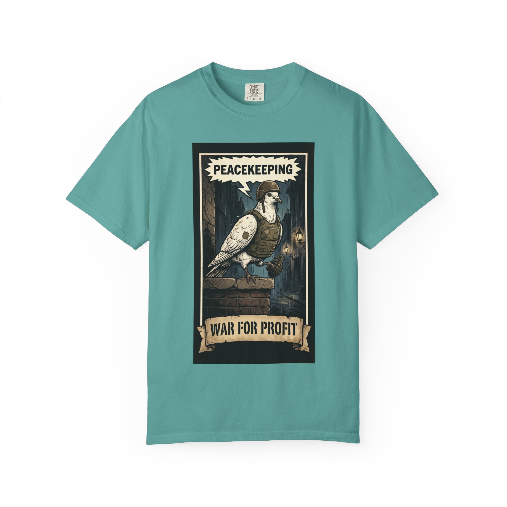 Peacekeeping War for Profit Shirt Anti War Political Satire Tee Vintage Dove Graphic Social Commentary Gift Retro Activist Apparel Seafoam