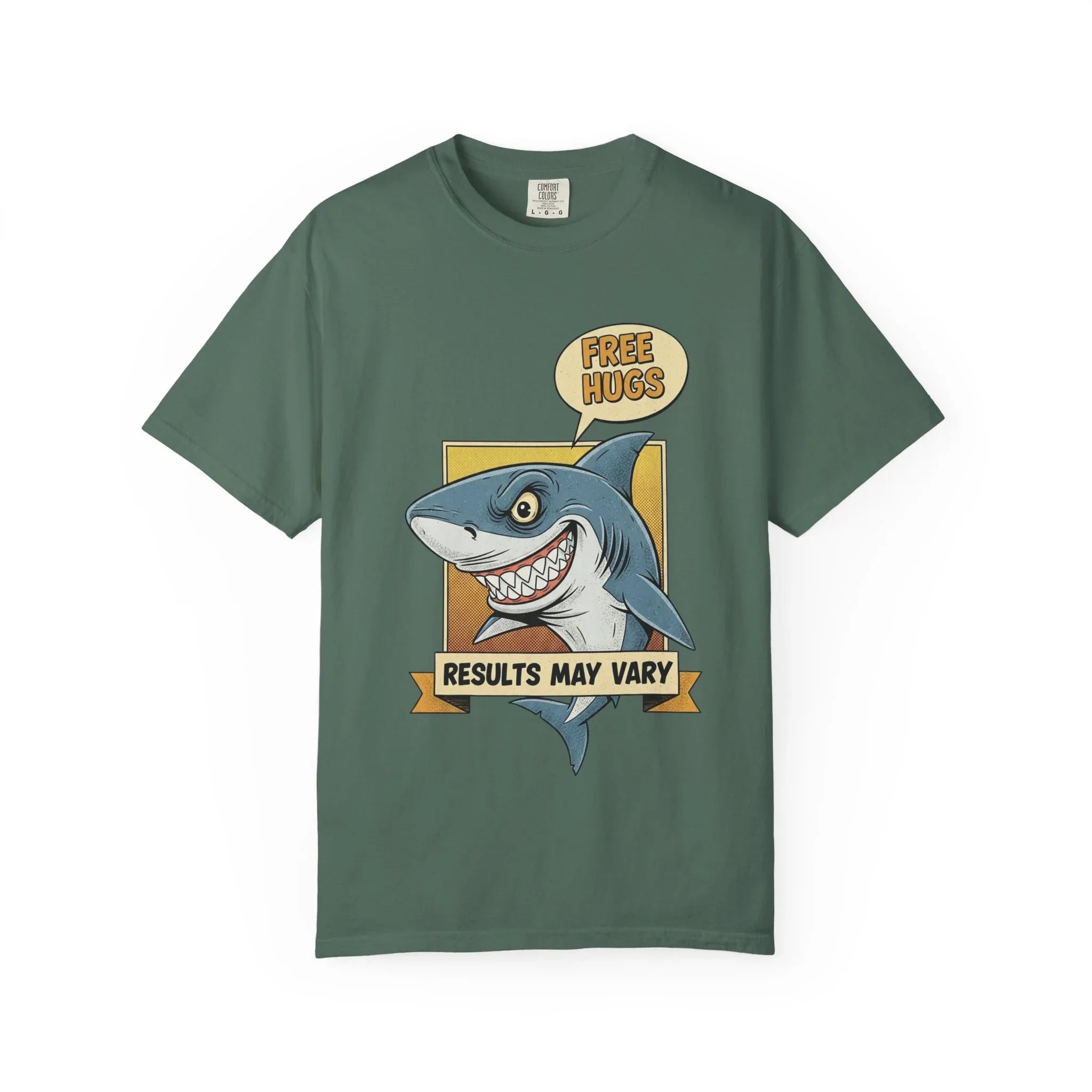 Funny Shark Shirt - "Free Hugs" Sarcastic Vintage Graphic Tee - Results May Vary Dark Humor Gift - Retro Great White Shark Top - Men's & Women's Dad Joke Clothing Blue Spruce