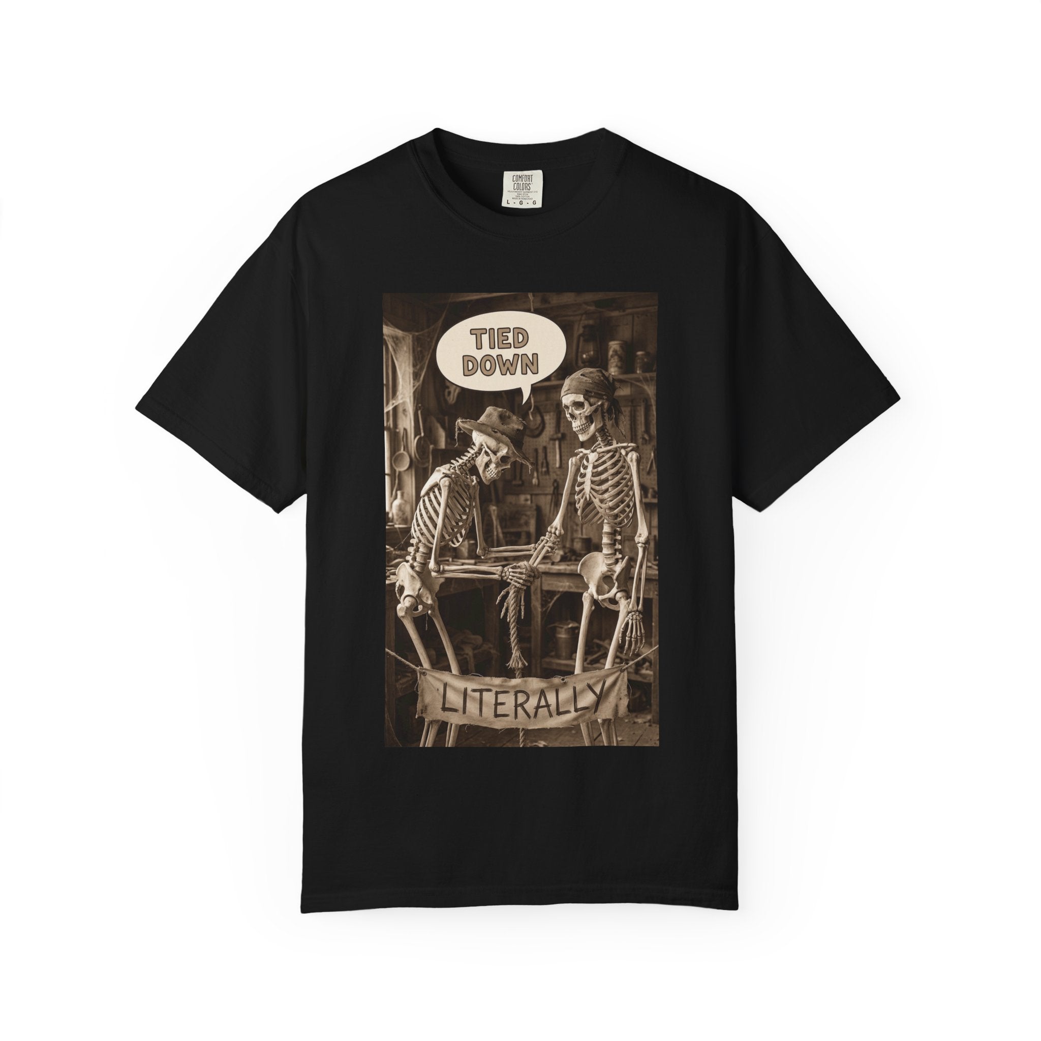 🪢 Tied Down Literally – Vintage Skeleton Satire & Dark Humor Streetwear Unisex Garment-Dyed T-shirt Black
