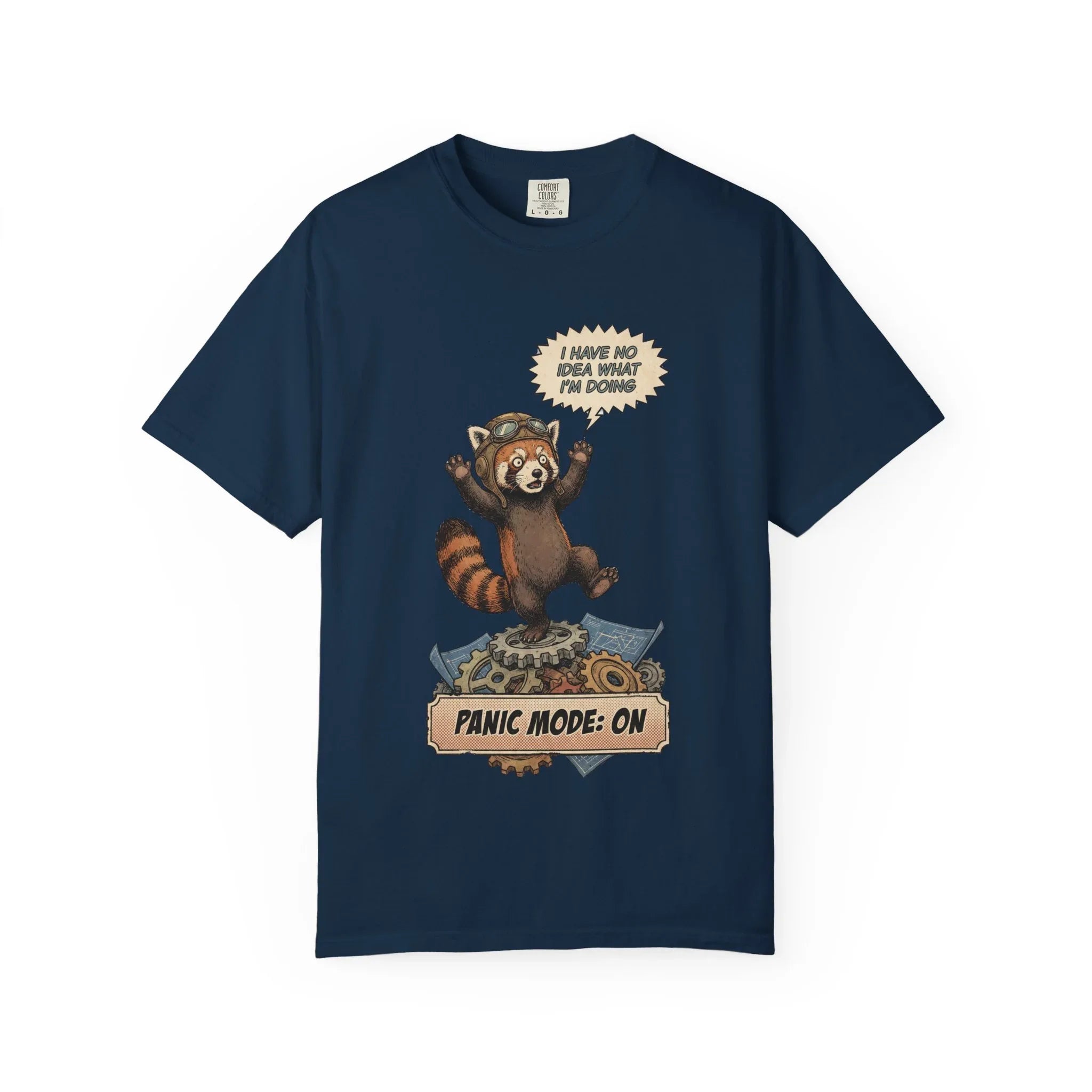 Vintage Red Panda T-Shirt - Funny Engineer Gift - Panicked Pilot Shirt - Imposter Syndrome Meme Tee - Retro Mechanic Animal Graphic - "Panic Mode On" Top True Navy