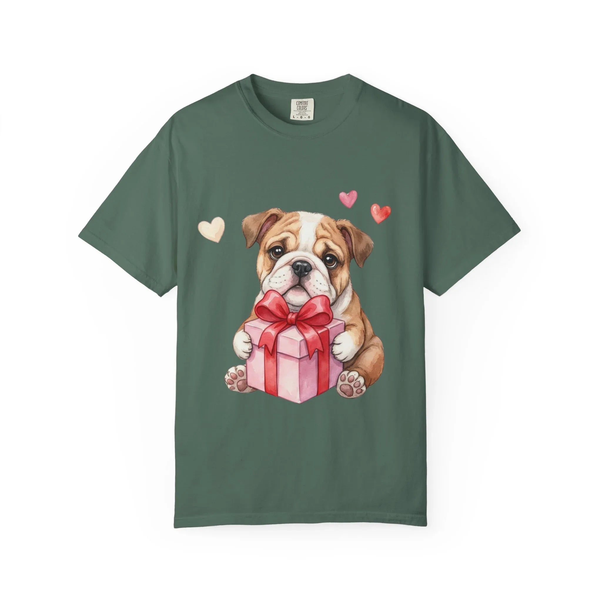 Bulldog Puppy with Gift T-Shirt | Cute Dog Valentine Hearts | Cozy Pet Lover Gift | Soft Vintage Aesthetic Dog Tee Blue Spruce