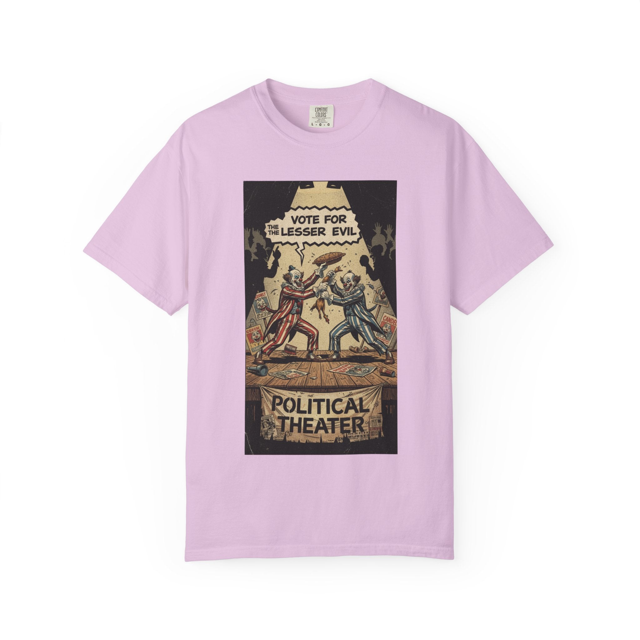 Political Theater Vintage Shirt | Vote For The Lesser Evil Satirical Tee | Retro Comic Style Political Gift | Unisex Garment-Dyed T-Shirt Orchid