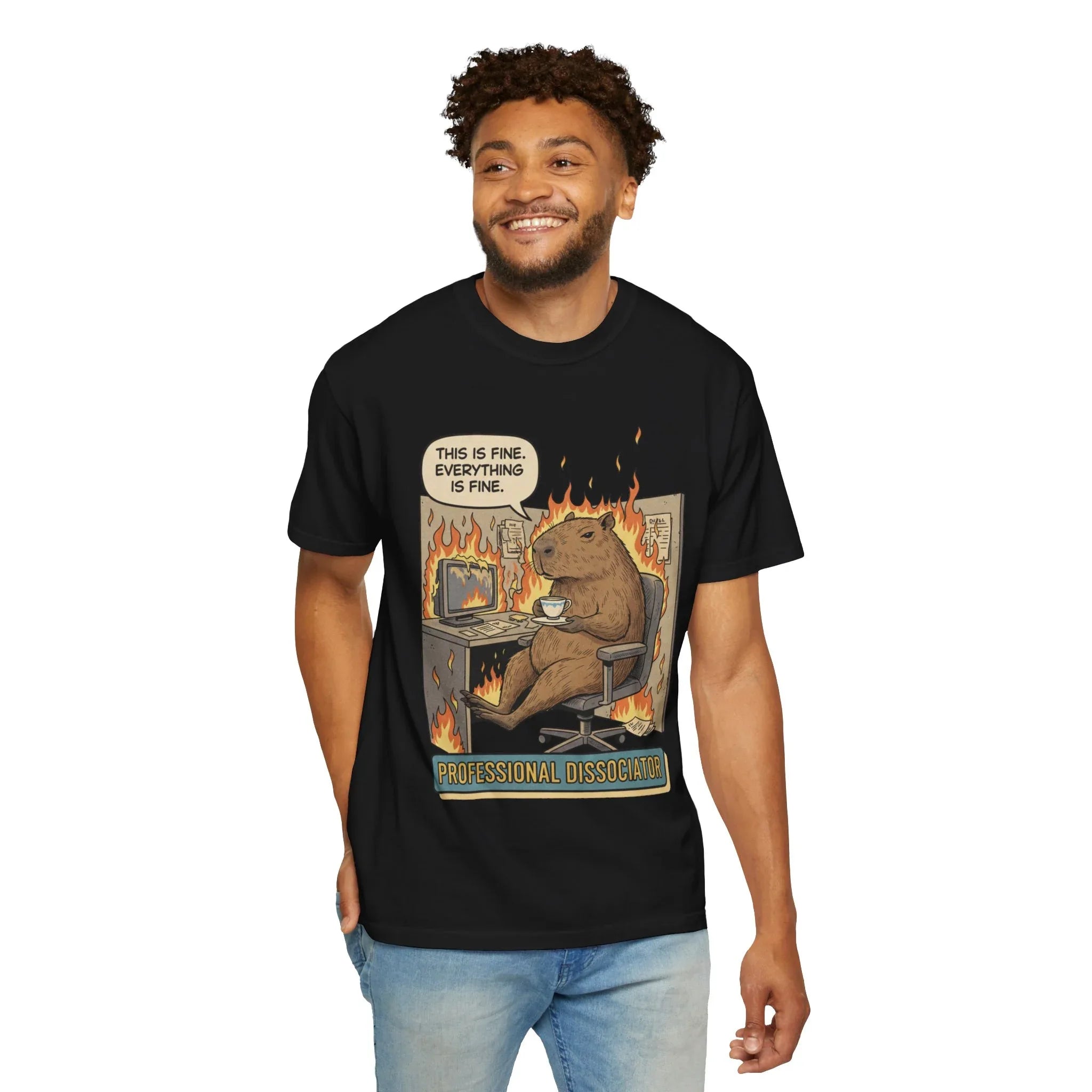 Funny Capybara "This Is Fine" Shirt - Professional Dissociator Tee - Mental Health Meme T-Shirt - Sarcastic Office Humor Gift - Relatable Corporate Grind Apparel