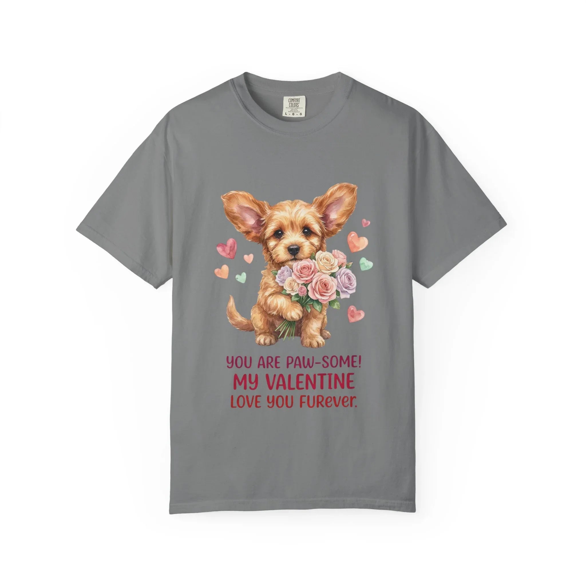 Cute Puppy Holding Roses Valentine T Shirt Paw-some Love You Furever Watercolor Cozy Vintage Aesthetic Gift Dog Lovers Soft Cotton Romantic Grey