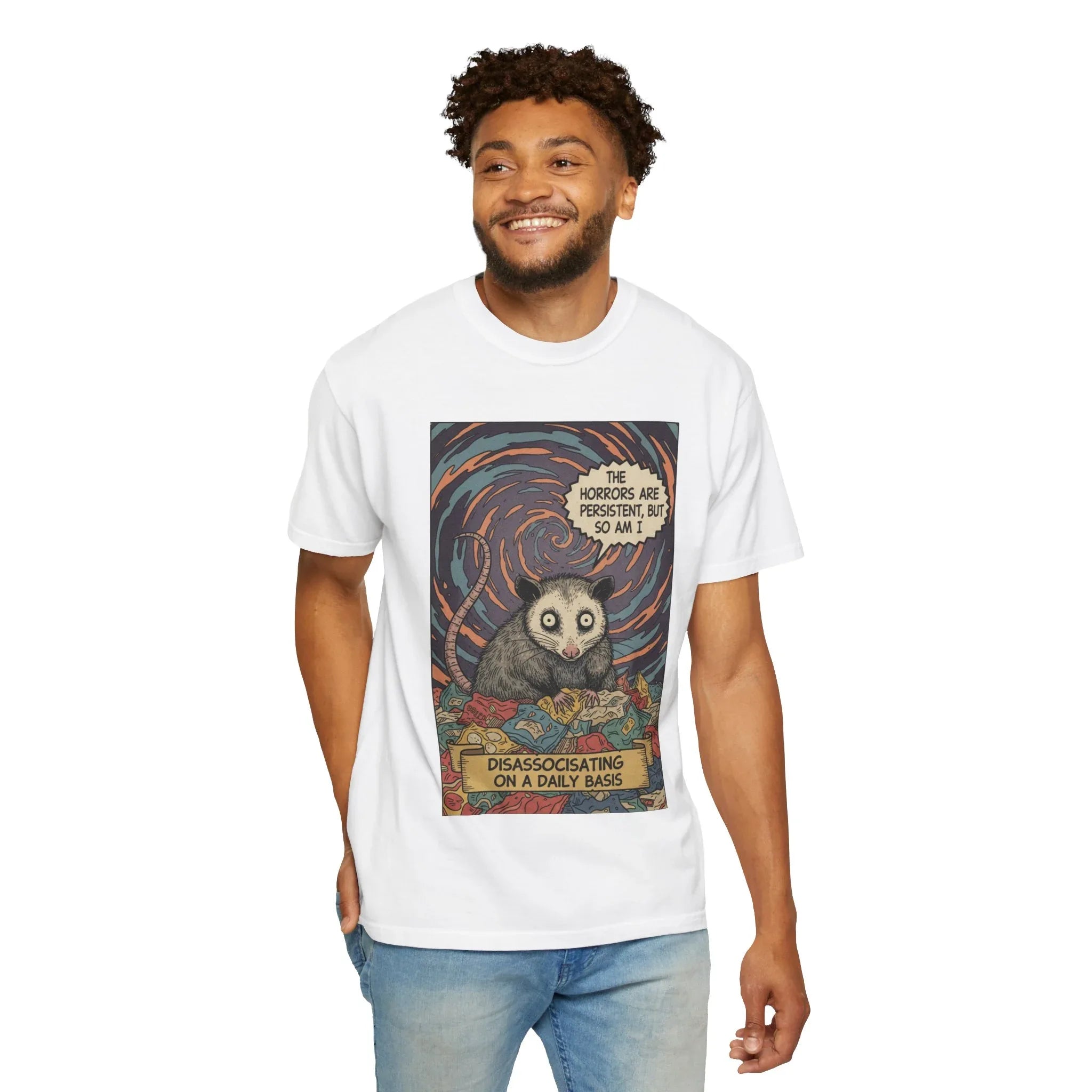 Funny Opossum Shirt The Horrors Are Persistent But So Am I T-Shirt Dissociating Daily Meme Gift Retro Possum Art Weirdcore Graphic Tee