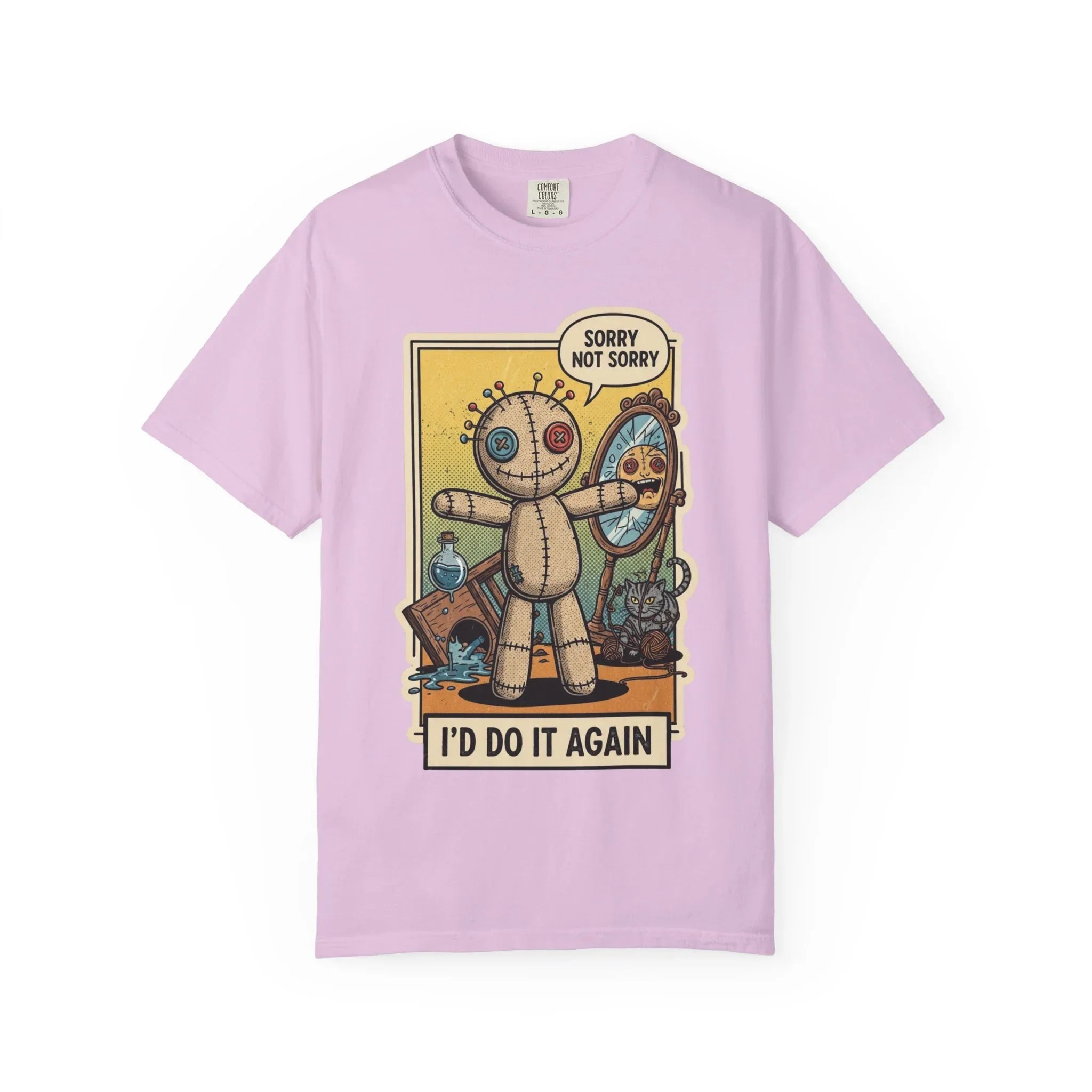 Sorry Not Sorry Voodoo Doll Shirt - Sarcastic "I'd Do It Again" Graphic Tee - Retro Comic Dark Humor T-Shirt - Vintage Black Cat Aesthetic Streetwear - Unapologetic Mood Gift Orchid