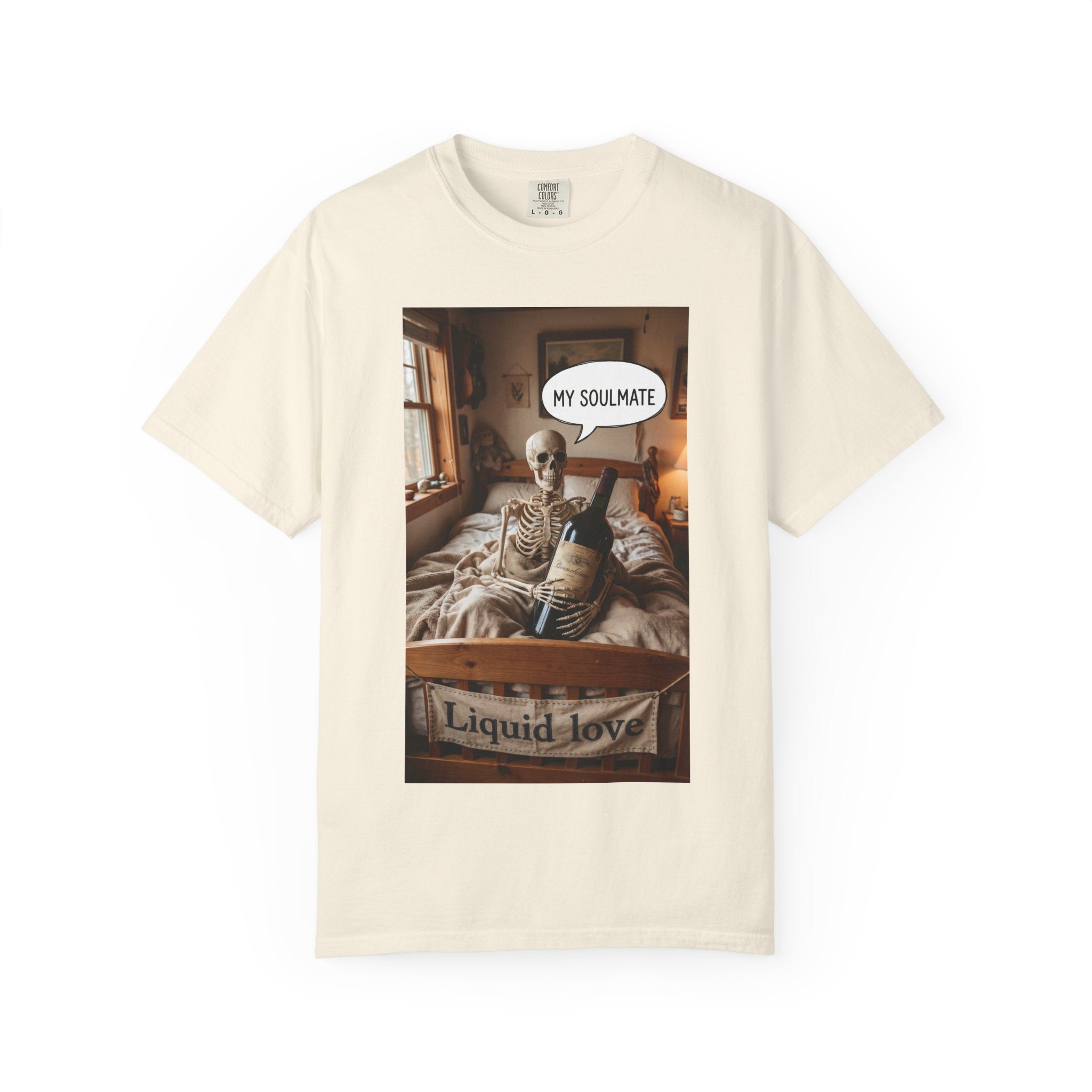 Liquid Love Skeleton Wine Shirt - Funny Soulmate Gift - Dark Humor T-Shirt - Gothic Cottagecore Graphic Tee - Sarcastic Wine Enthusiast Apparel Ivory