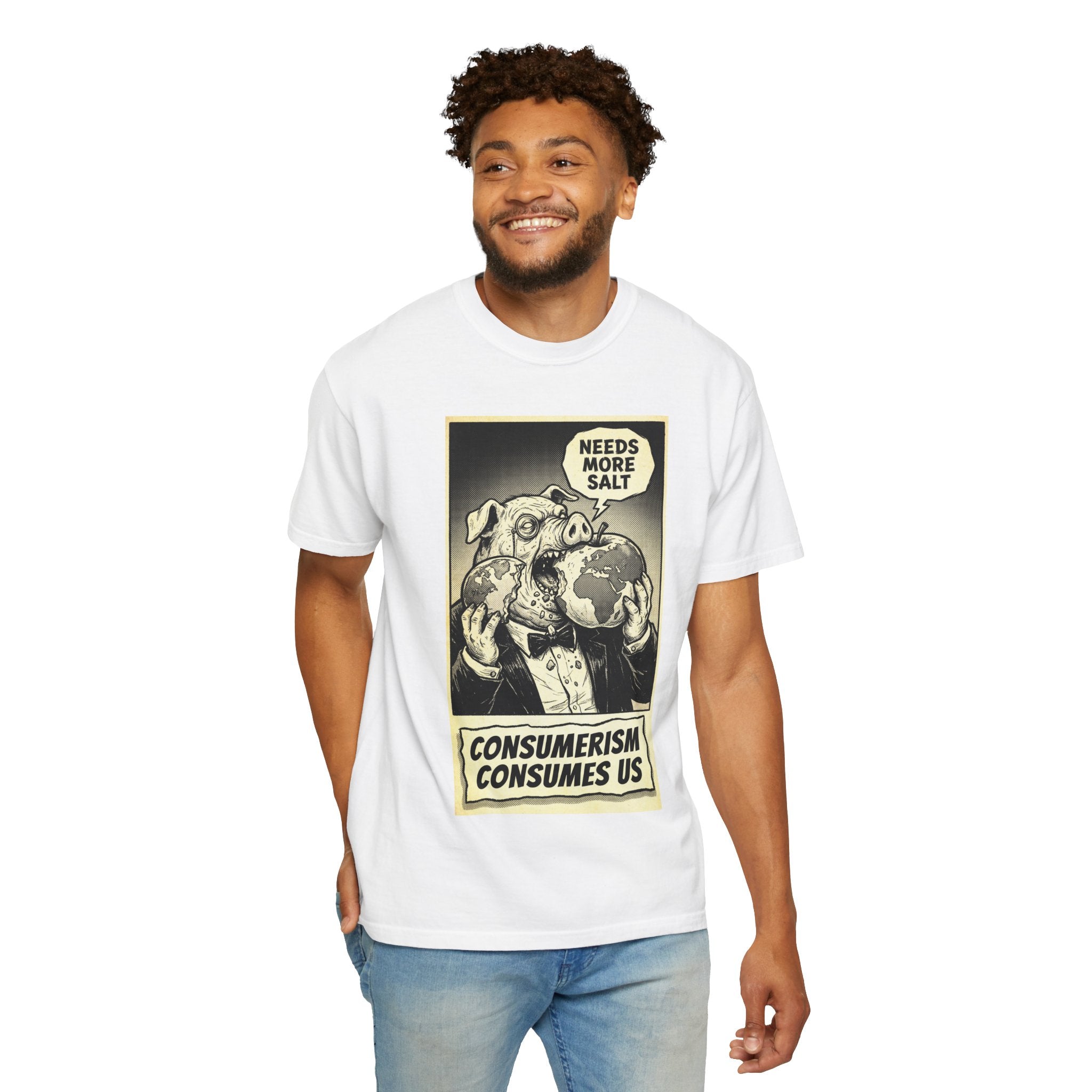 Consumerism Consumes Us T-Shirt | Vintage Satire Corporate Pig Graphic Tee | Anti-Capitalism Activist Apparel