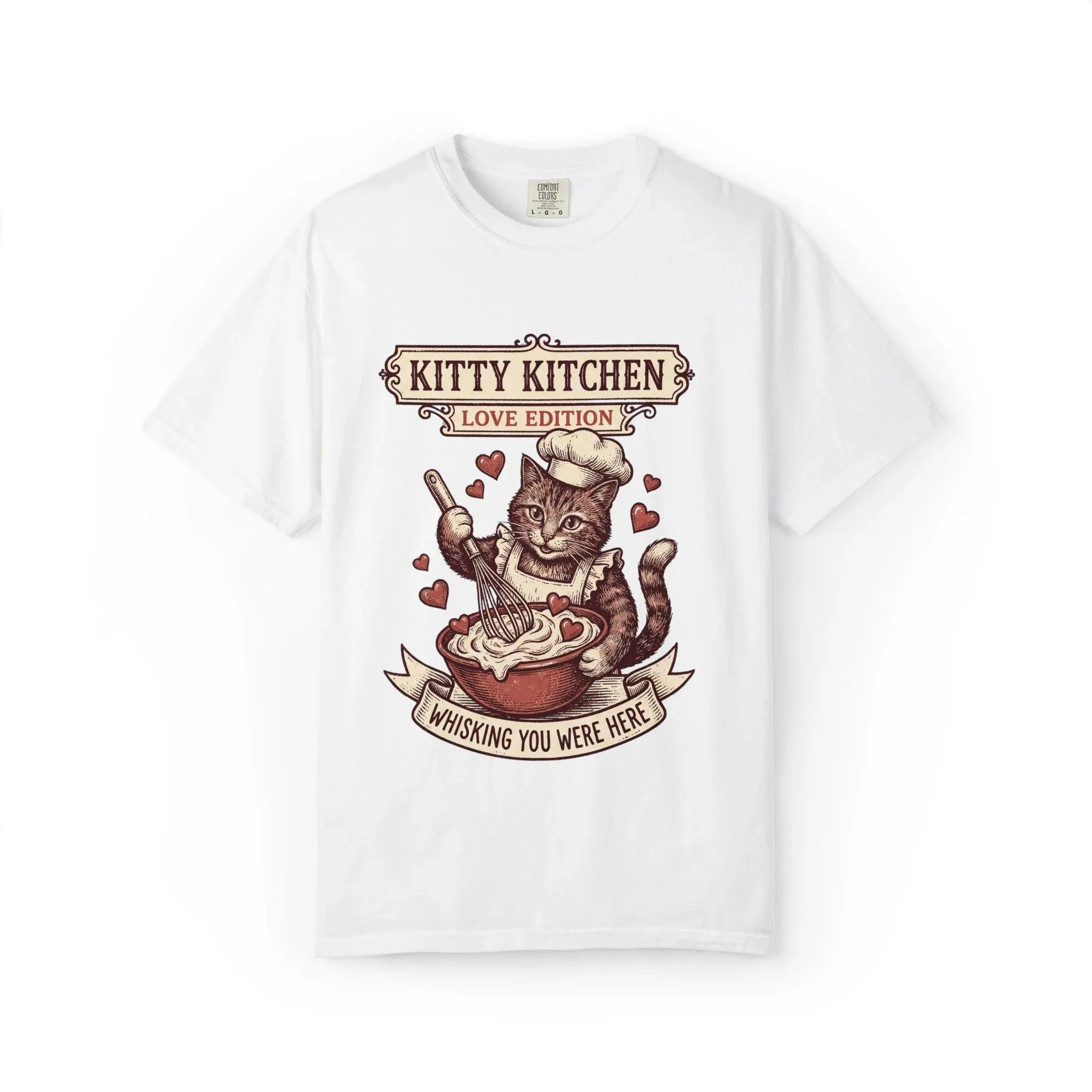 Kitty Kitchen Love T-Shirt | Vintage Cat Chef Whisking You Were Here Graphic Tee White