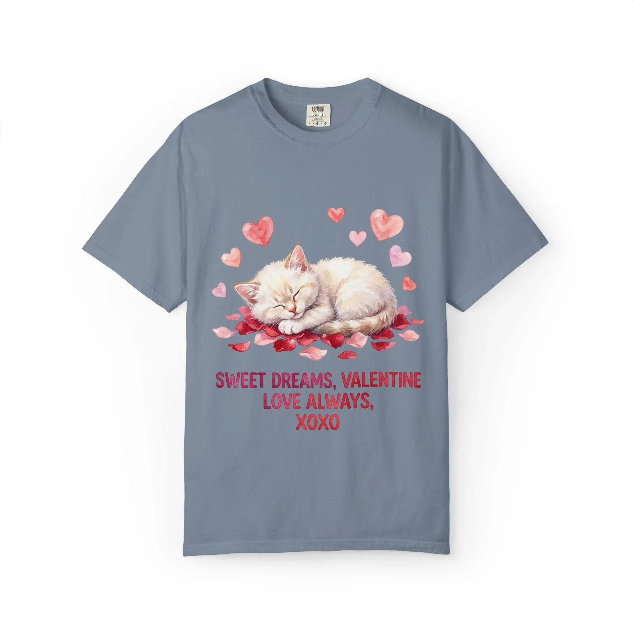 Sweet Dreams Valentine Kitten T Shirt Cute Sleeping Cat Hearts Watercolor Cozy Aesthetic Gift for Cat Lovers Soft VintageCotton Romantic Tee Blue Jean