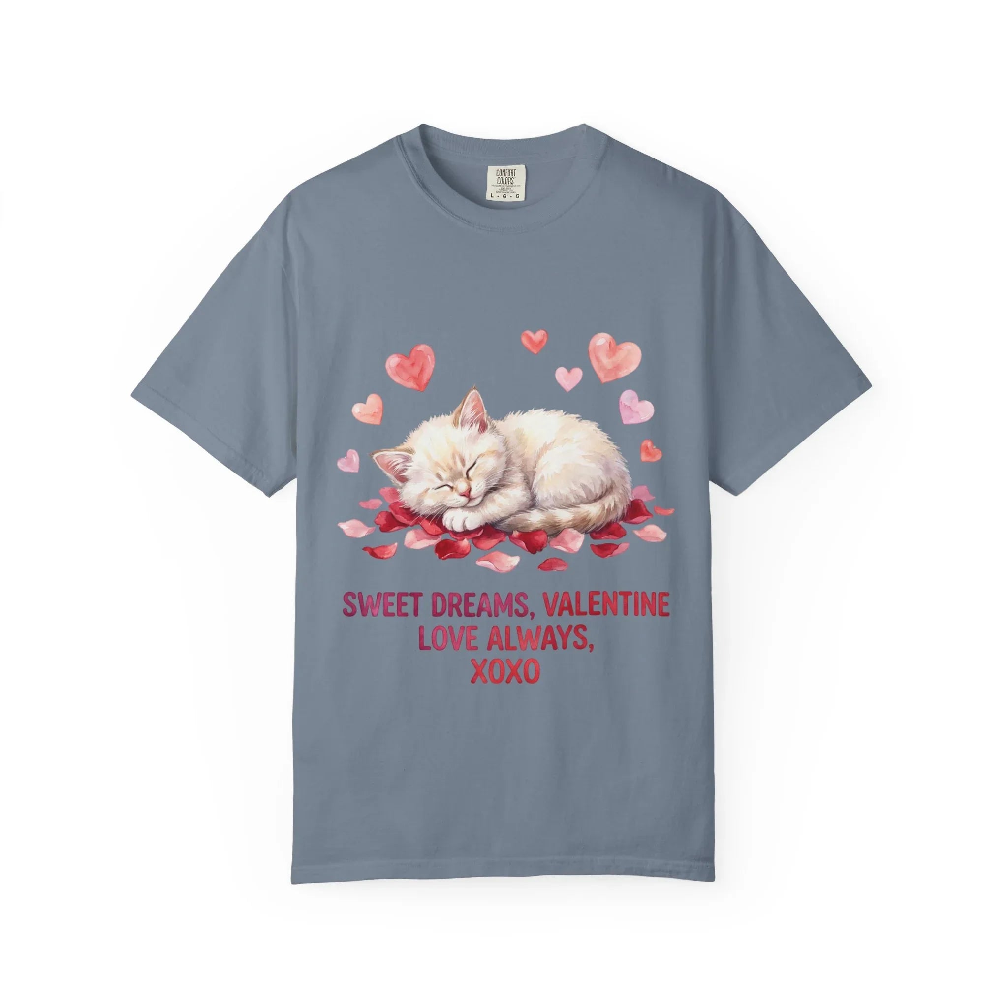 Sweet Dreams Valentine Kitten T Shirt Cute Sleeping Cat Hearts Watercolor Cozy Aesthetic Gift for Cat Lovers Soft VintageCotton Romantic Tee Blue Jean