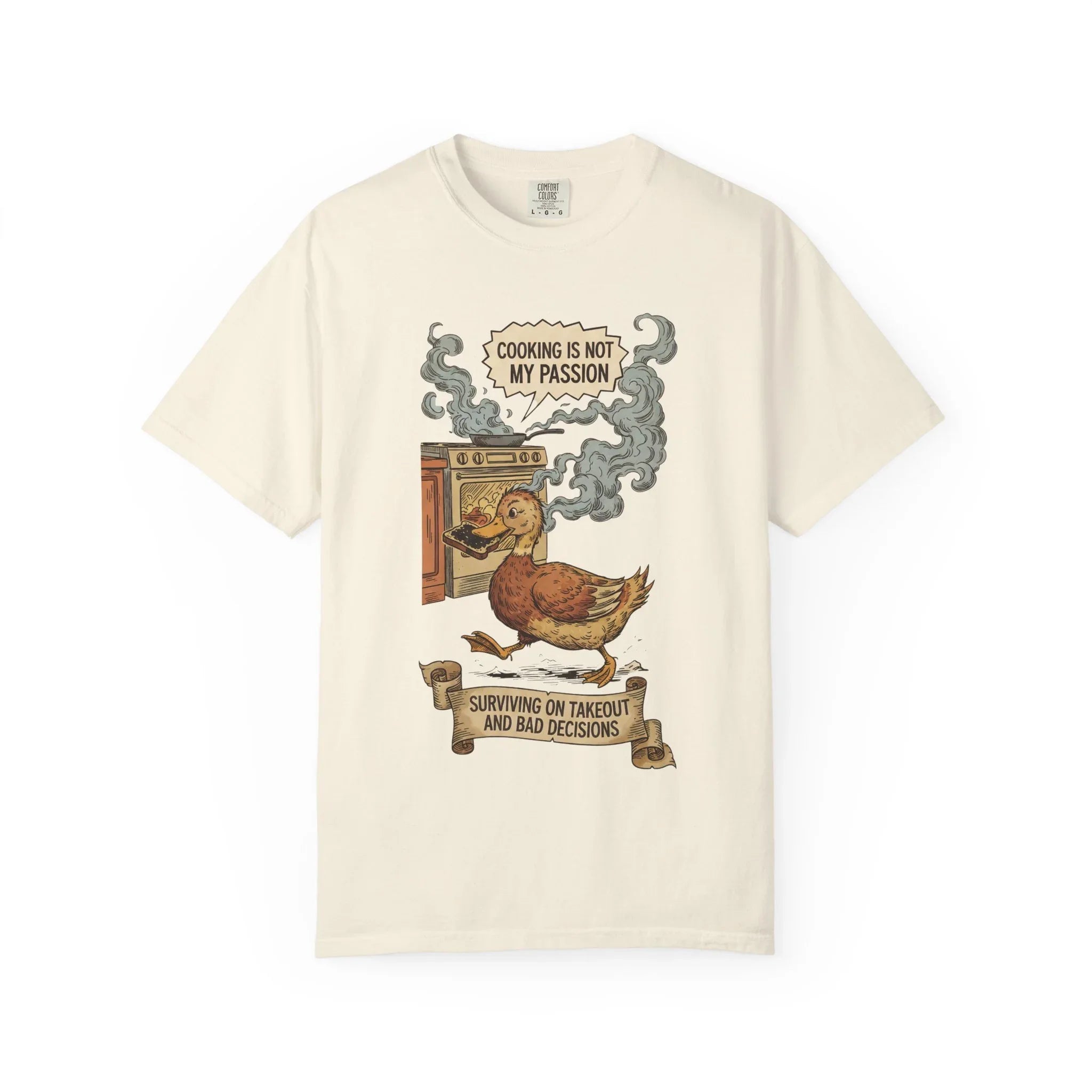 Funny Cooking Duck Shirt - "Cooking Is Not My Passion" Tee - Bad Cook Kitchen Fail Gift - Retro Duck Meme T-Shirt - Humorous Home Chef Gift for Mom & Dad Ivory