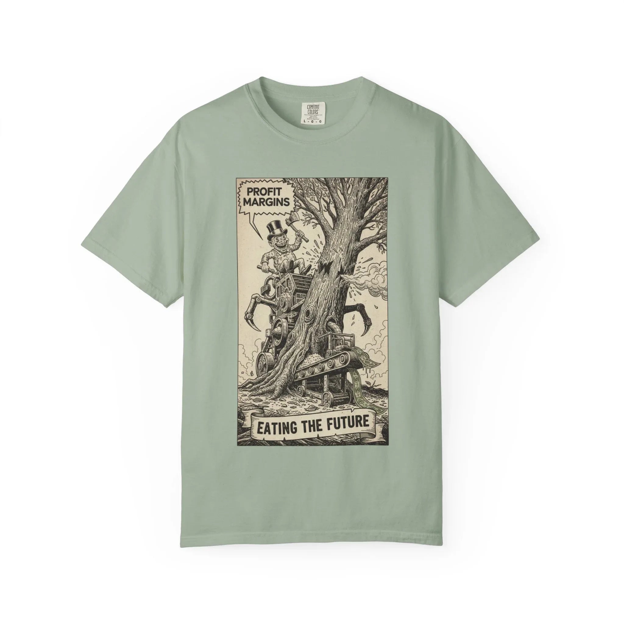 Eating The Future Shirt - Satirical Political Graphic Tee - Vintage Woodcut Eco Activist T-Shirt - Corporate Greed Social Commentary - Environmental Awareness Aesthetic Streetwear Bay
